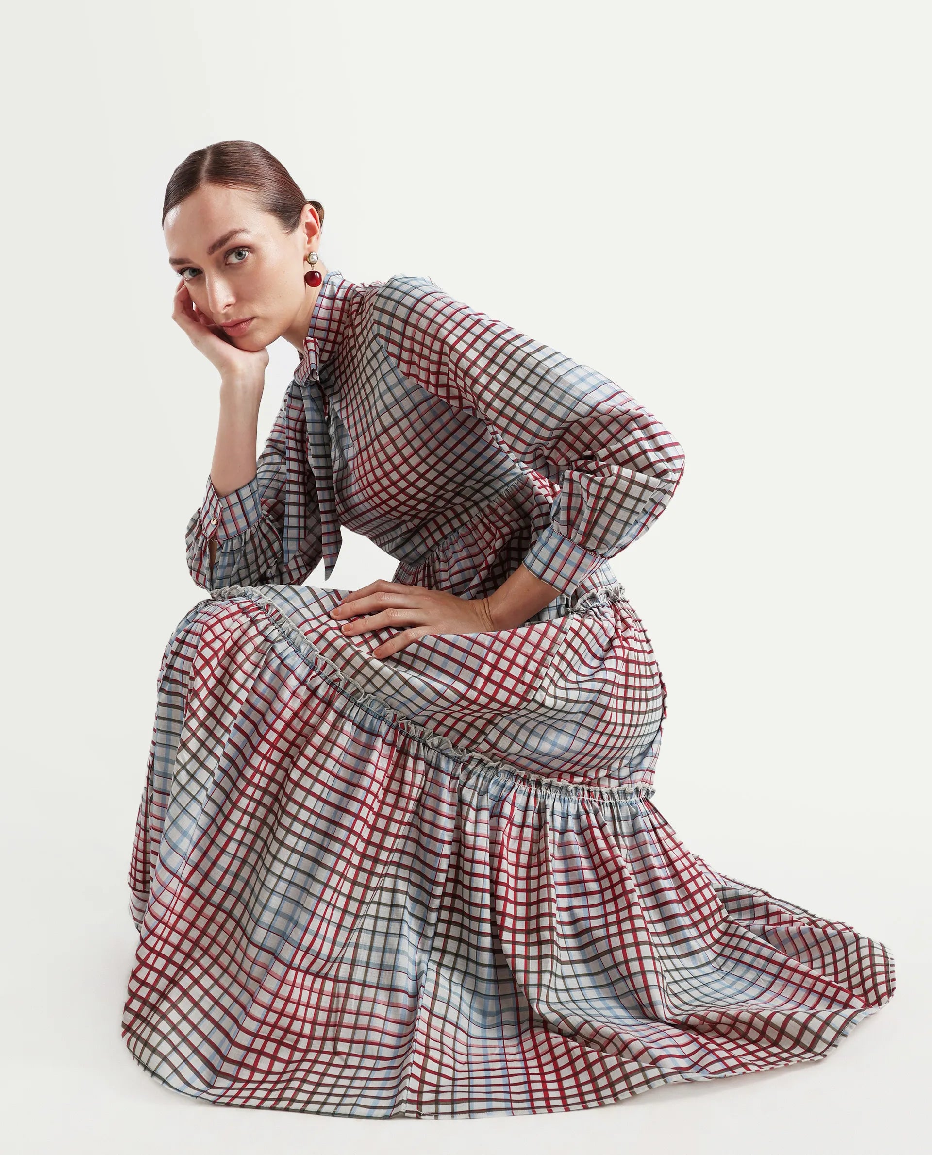 Rareism Women's Adilpi Multi Cotton Tie-Up Neck Flannel Print Bishop Sleeve Midi Fit And Flare Dress