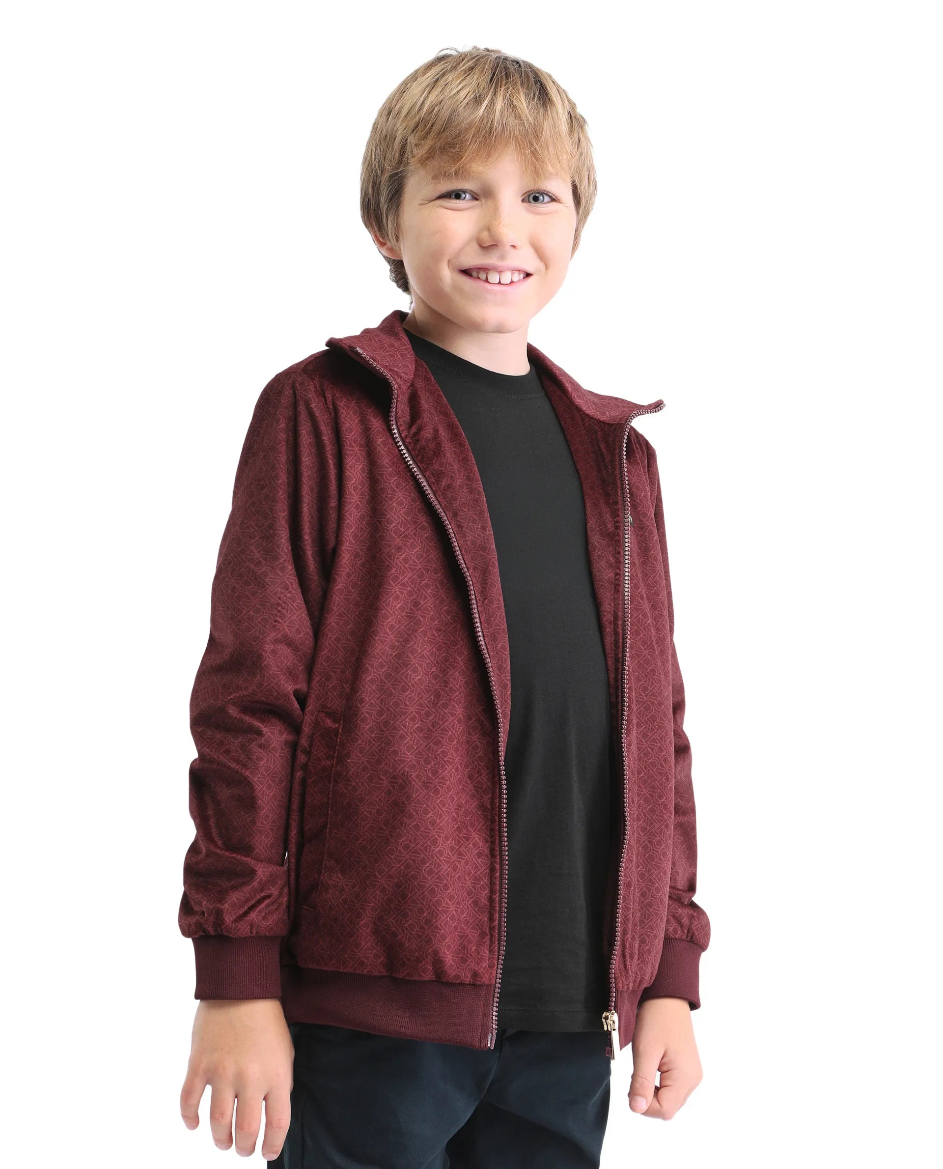 Rare Ones Kids Adi Maroon Polyester Zipper Closure Flat Collar Monogram Printed Full Sleeves Slim Fit Jacket