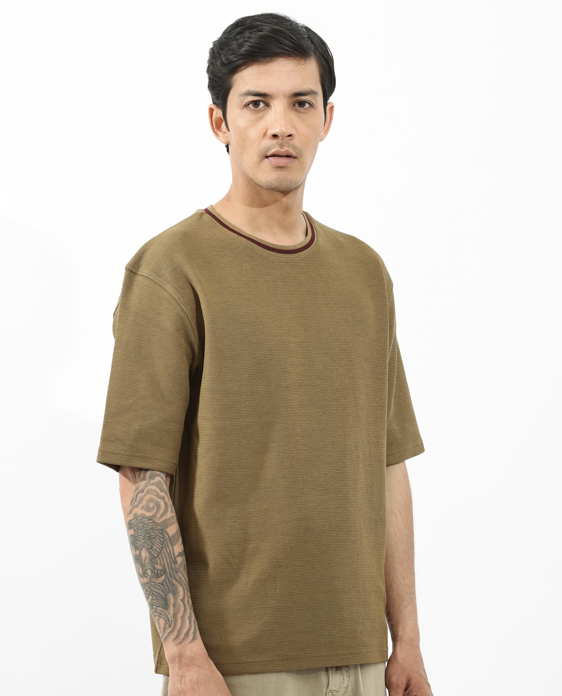 Rare Rabbit Men's Adiso Dusky Mustard Cotton Fabric Half Sleeves Oversized Textured T-Shirt