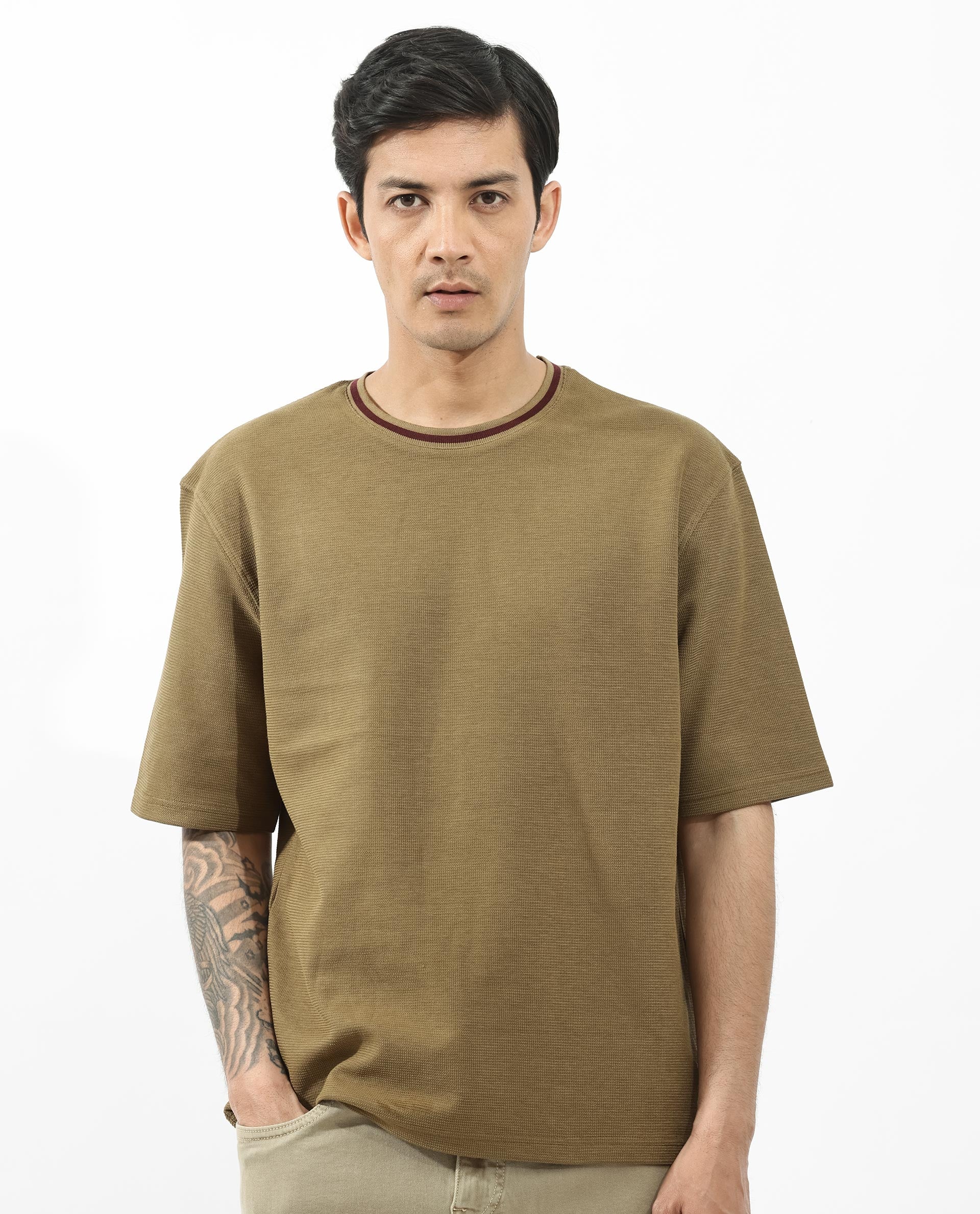 Rare Rabbit Men's Adiso Dusky Mustard Cotton Fabric Half Sleeves Oversized Textured T-Shirt