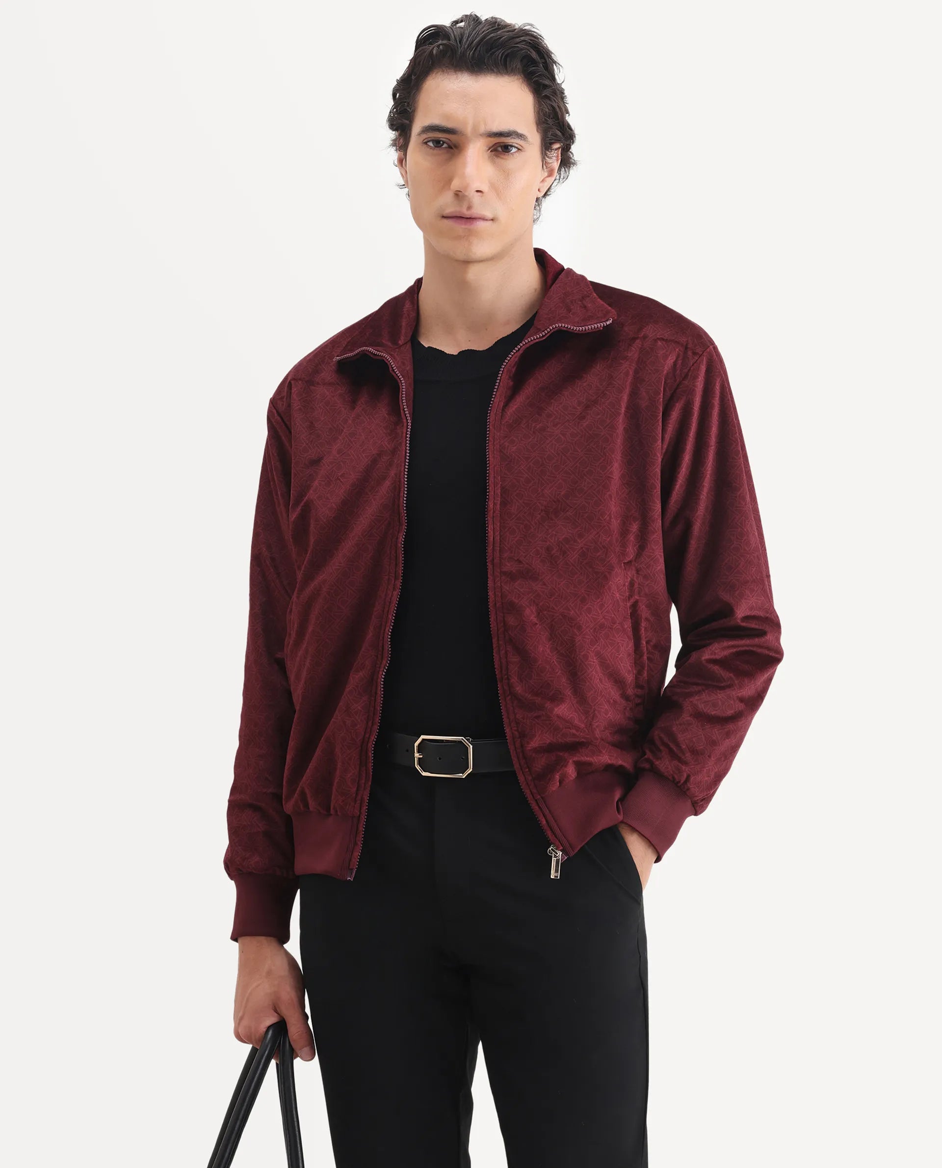 Rare Rabbit Men's Adiso Dark Maroon Polyester Fabric Spread Collar Regular Graphic Print Jacket