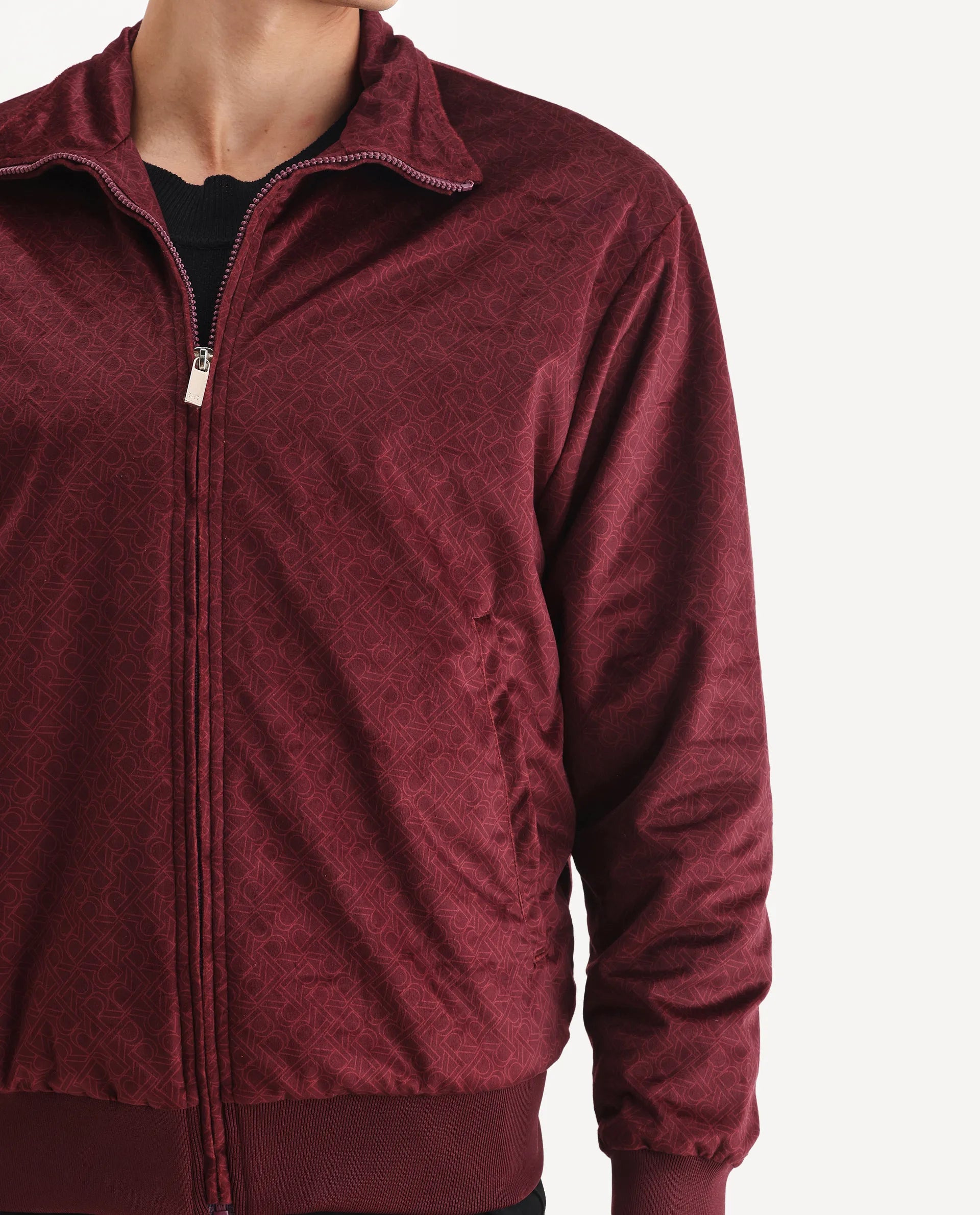 Rare Rabbit Men's Adiso Dark Maroon Polyester Fabric Spread Collar Regular Graphic Print Jacket