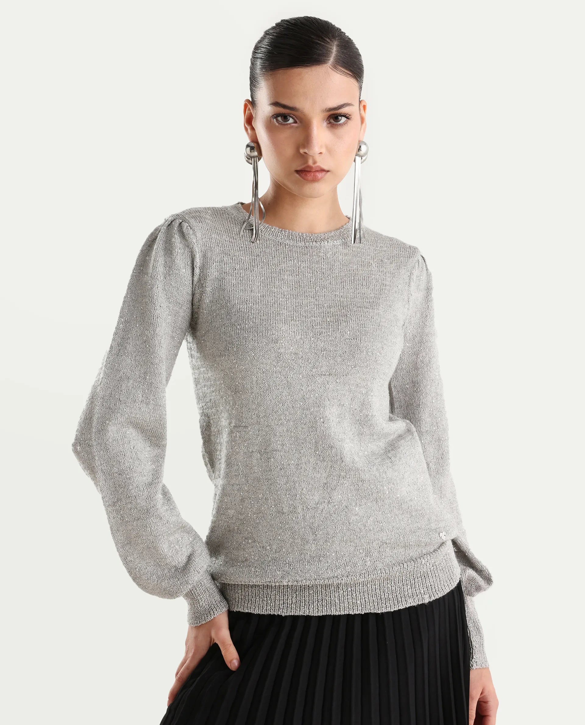 Rareism Women's Adiyaman T Grey Polyester Crew Neck Plain Regular Fit Sweater