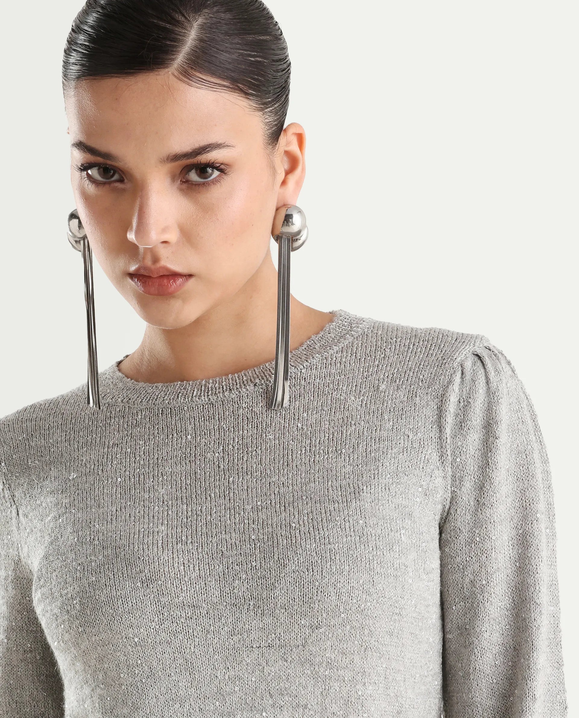 Rareism Women's Adiyaman T Grey Polyester Crew Neck Plain Regular Fit Sweater