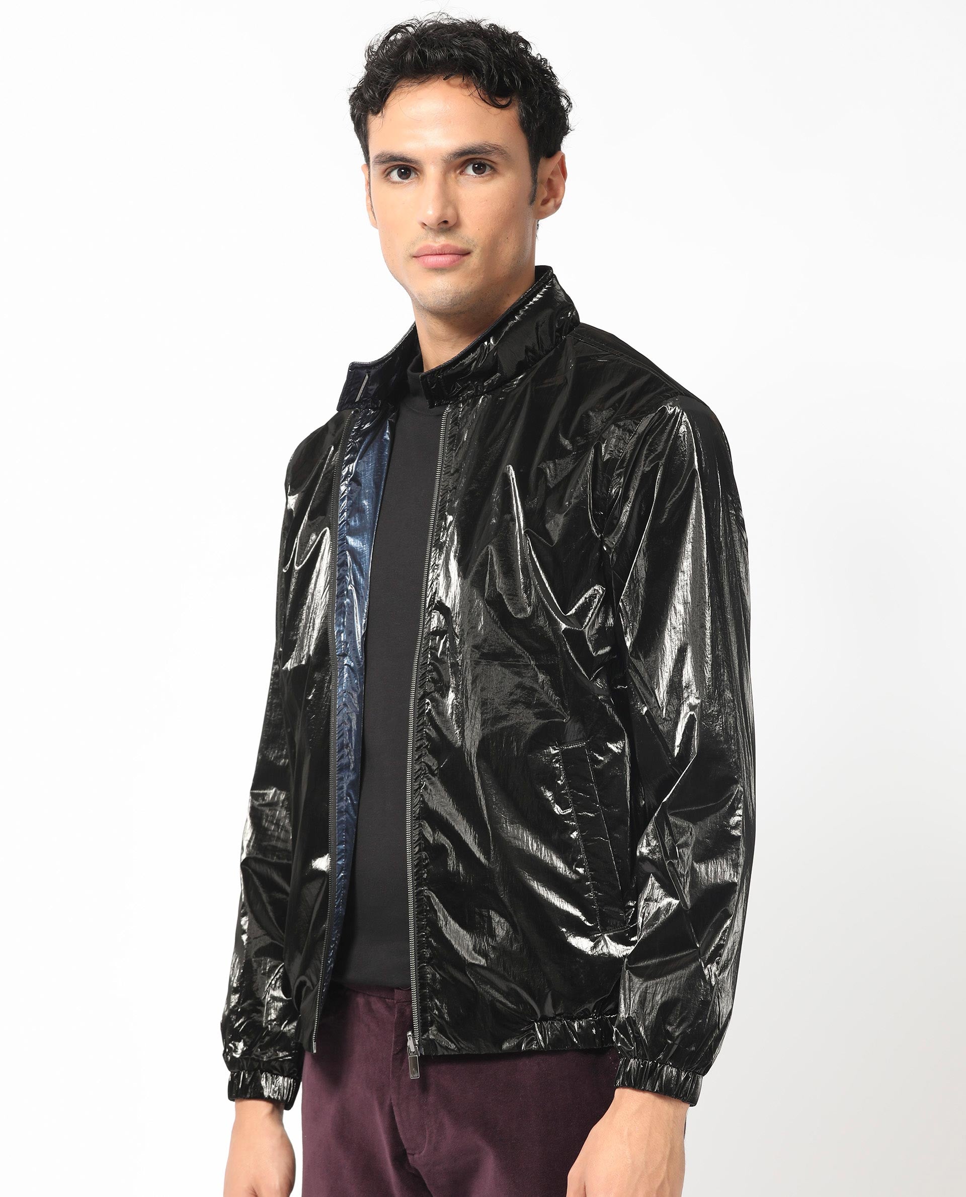 Rare Rabbit Men's Adler Navy/Black Plain Metallic Reversible Jacket