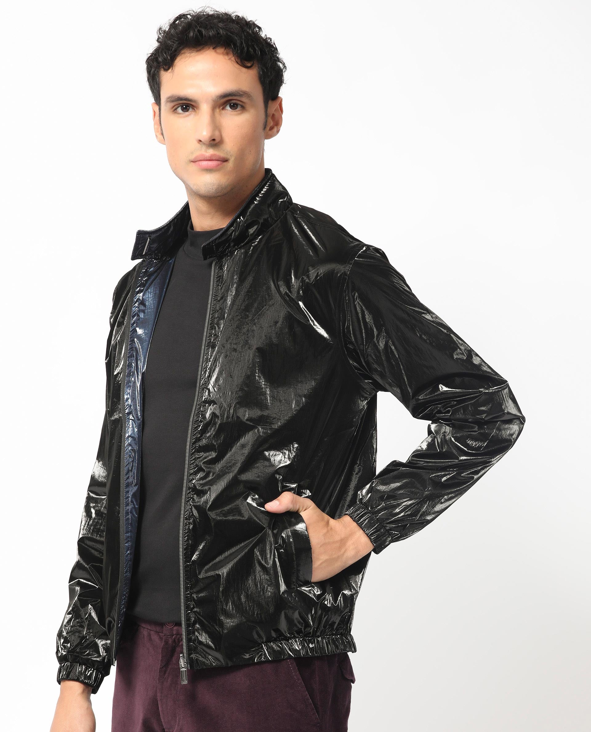 Rare Rabbit Men's Adler Navy/Black Plain Metallic Reversible Jacket