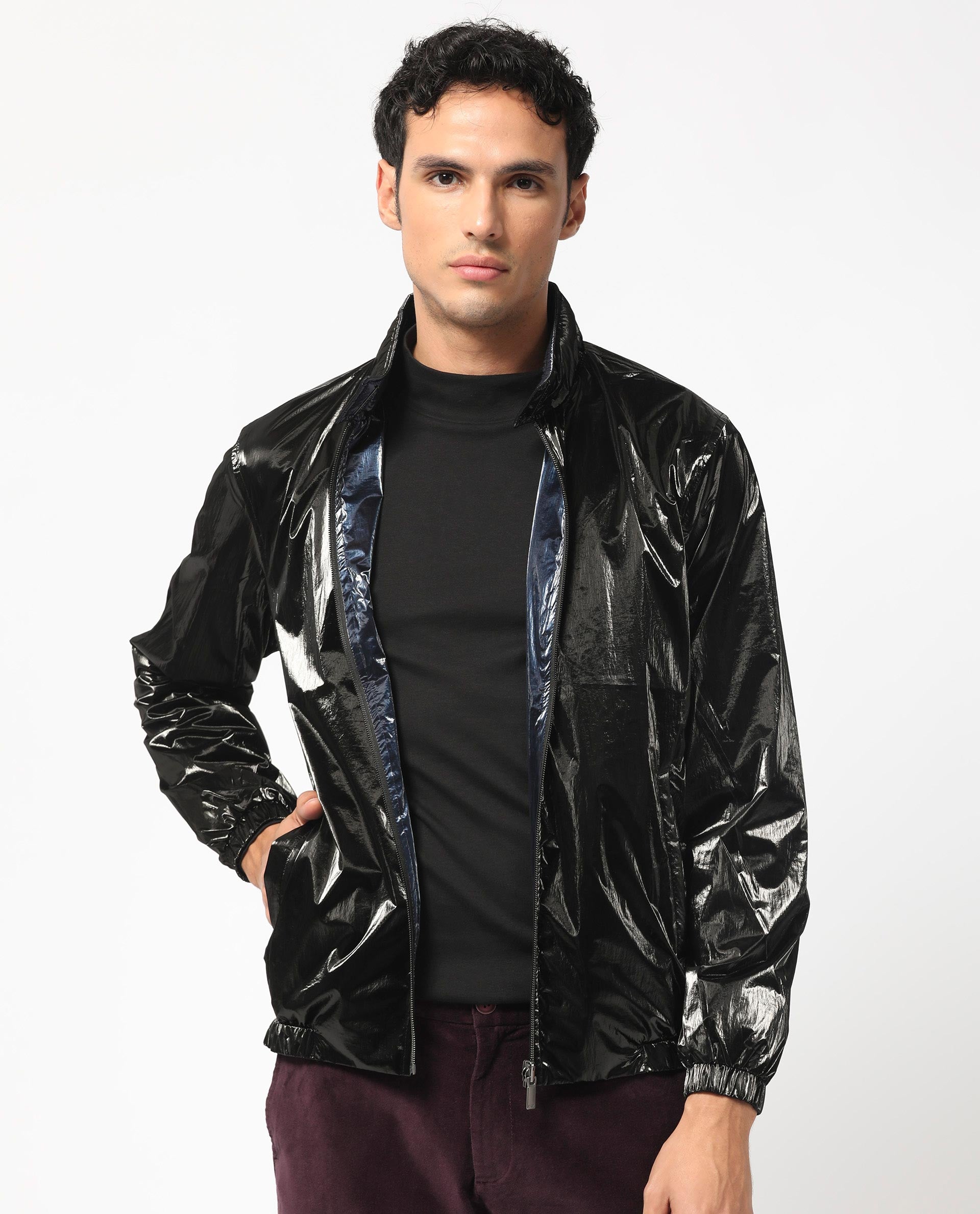 Rare Rabbit Men's Adler Navy/Black Plain Metallic Reversible Jacket