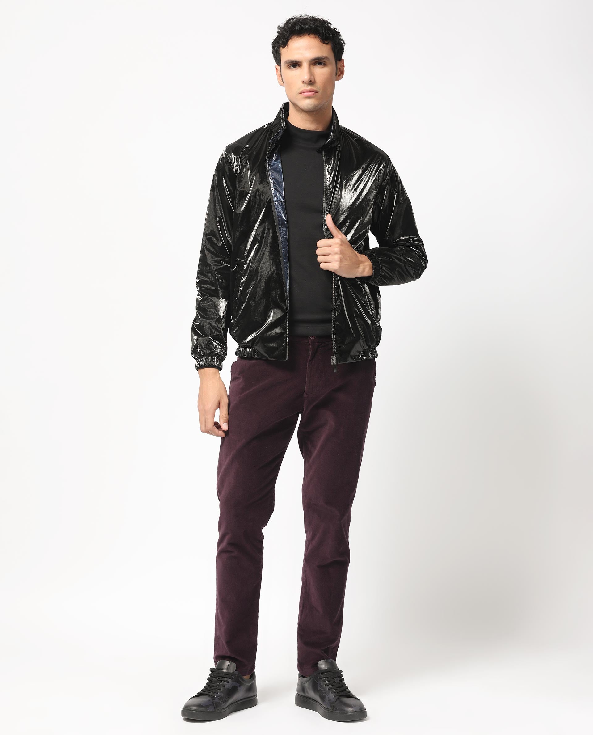 Rare Rabbit Men's Adler Navy/Black Plain Metallic Reversible Jacket