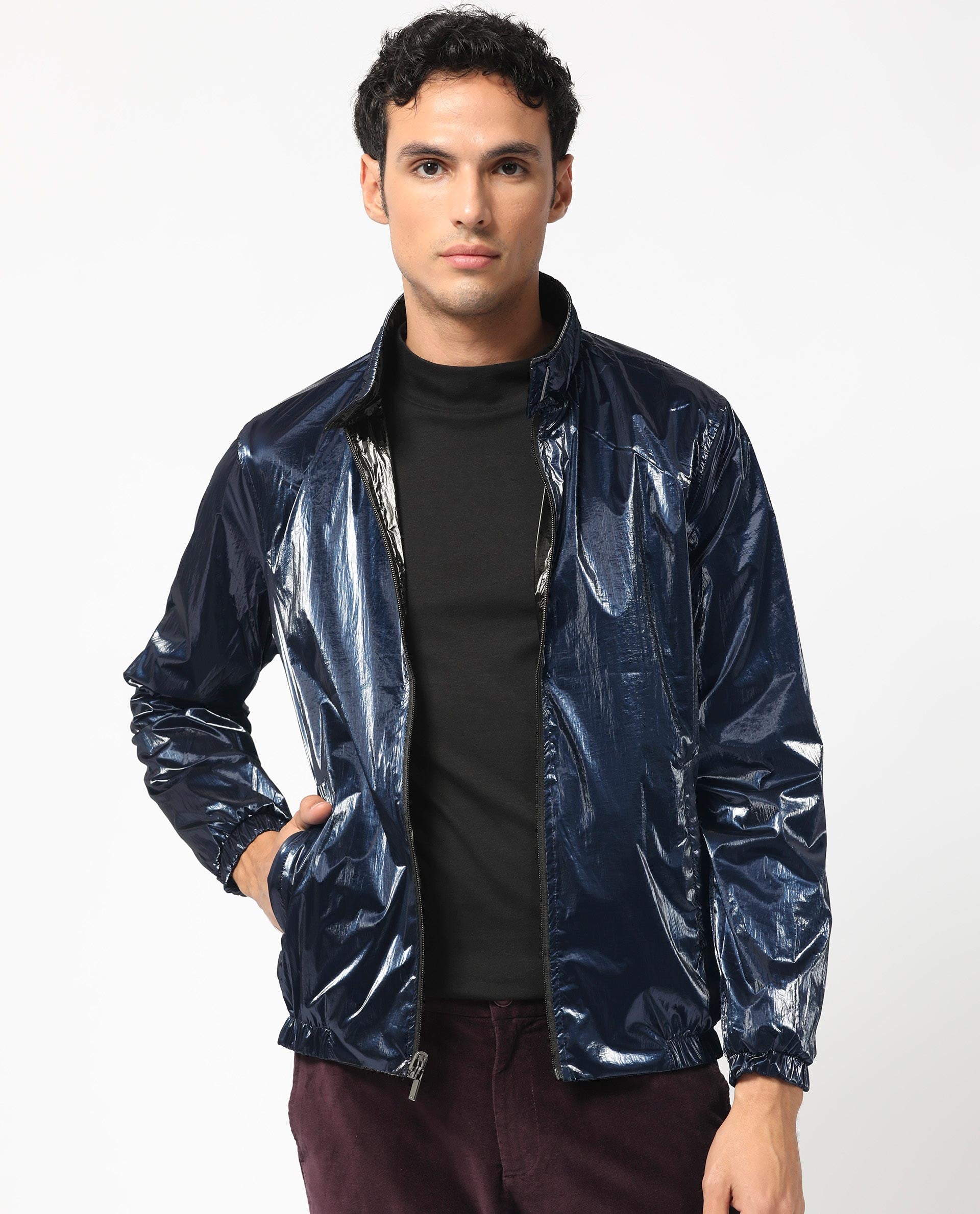 Rare Rabbit Men's Adler Navy/Black Plain Metallic Reversible Jacket