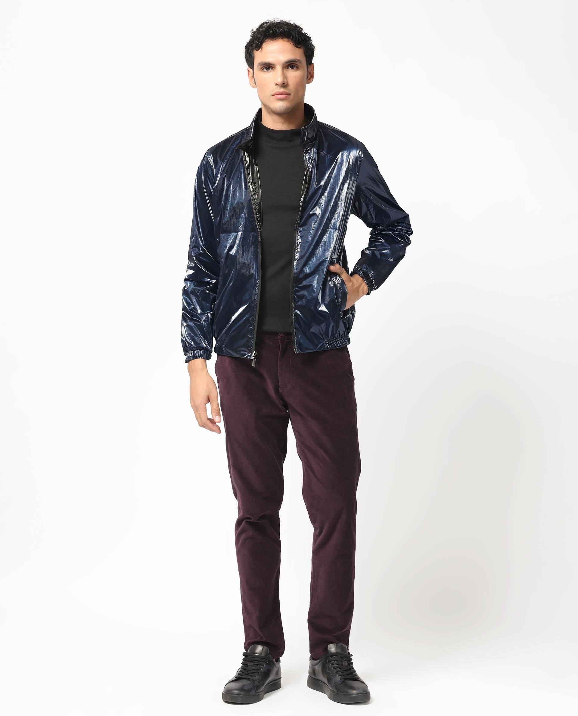 Rare Rabbit Men's Adler Navy/Black Plain Metallic Reversible Jacket