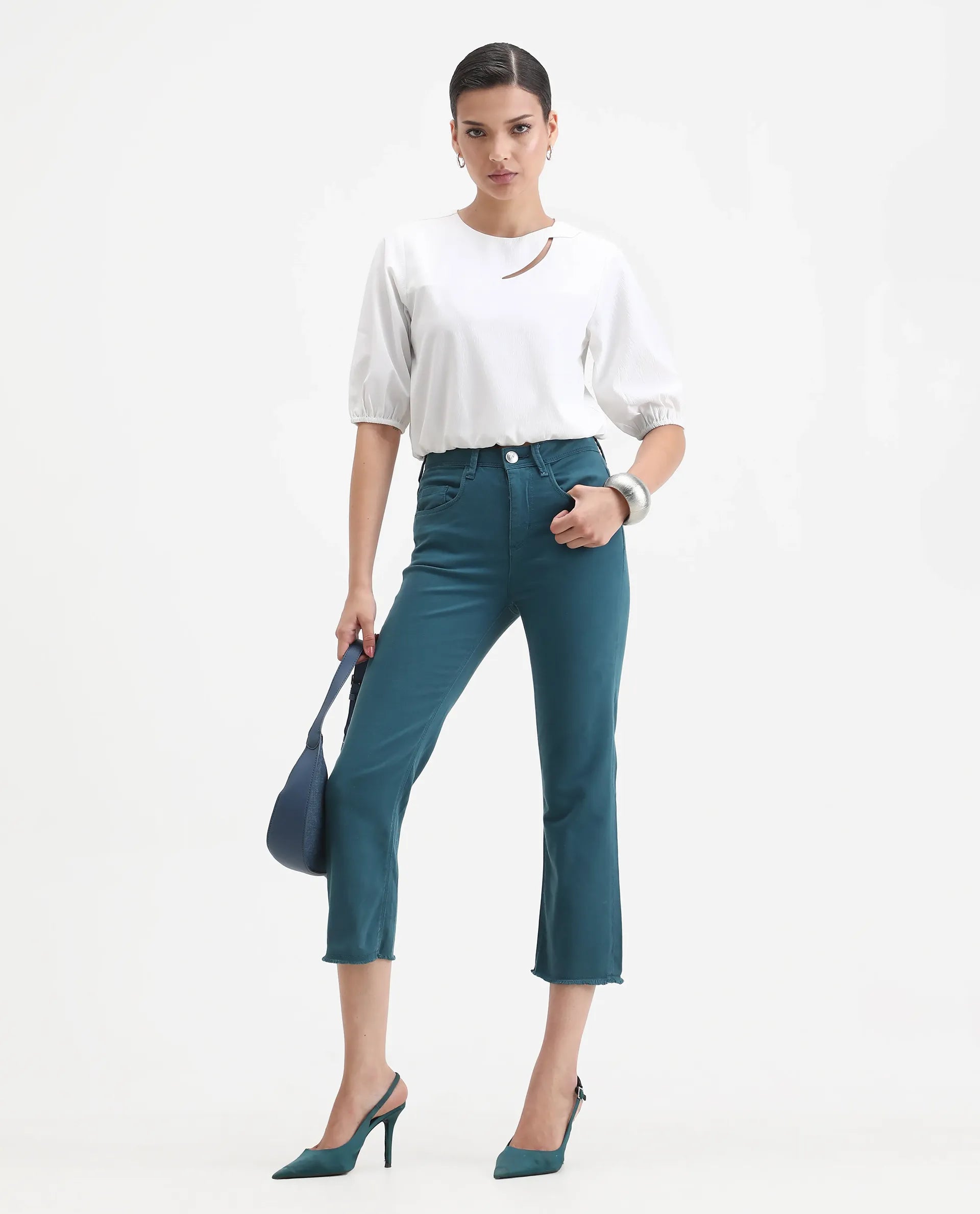 Rareism Women's Admiral Petrol Cotton Blend Plain Ankle Length Regular Fit Jeans