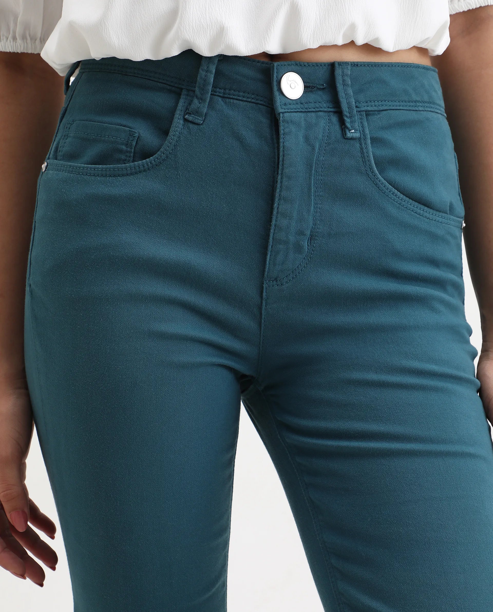 Rareism Women's Admiral Petrol Cotton Blend Plain Ankle Length Regular Fit Jeans