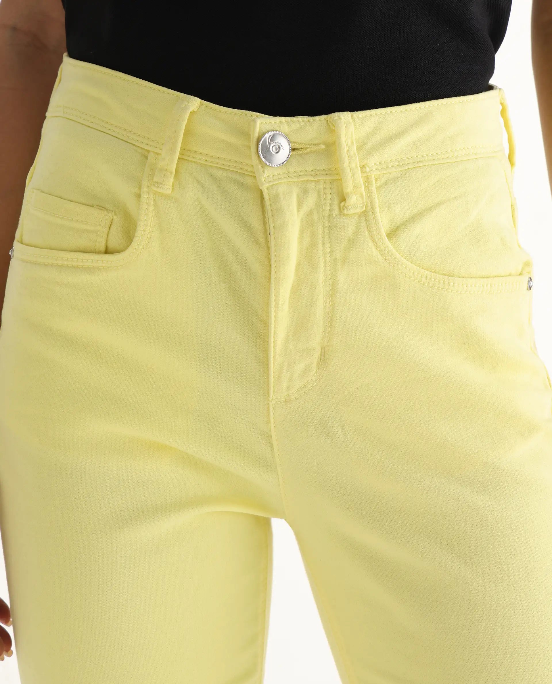 Rareism Women's Admiral Yellow Cotton Blend Plain Ankle Length Regular Fit Jeans