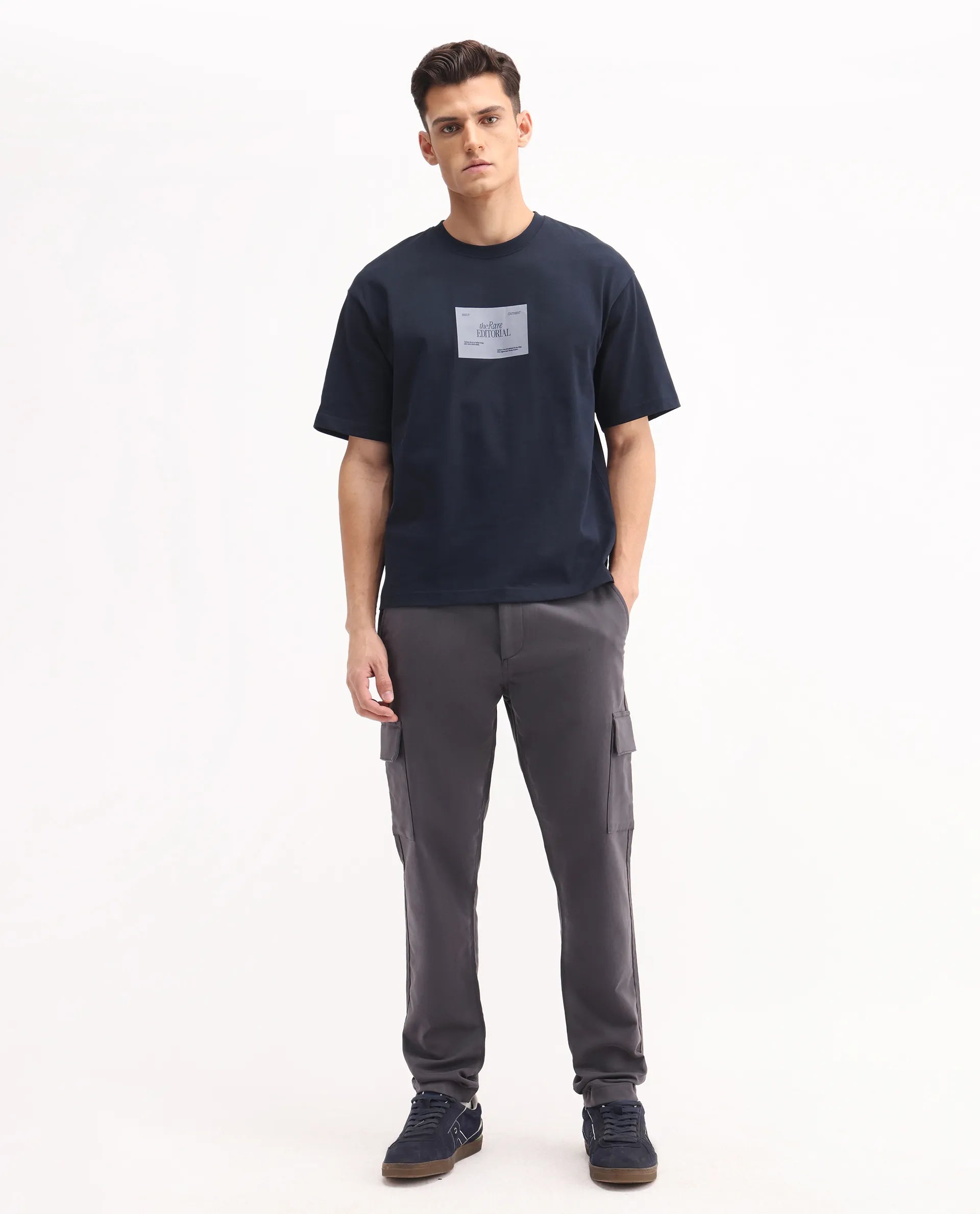 Rare Rabbit Men's Aero Dark Grey Cotton Blend Plain Relaxed Fit Trouser