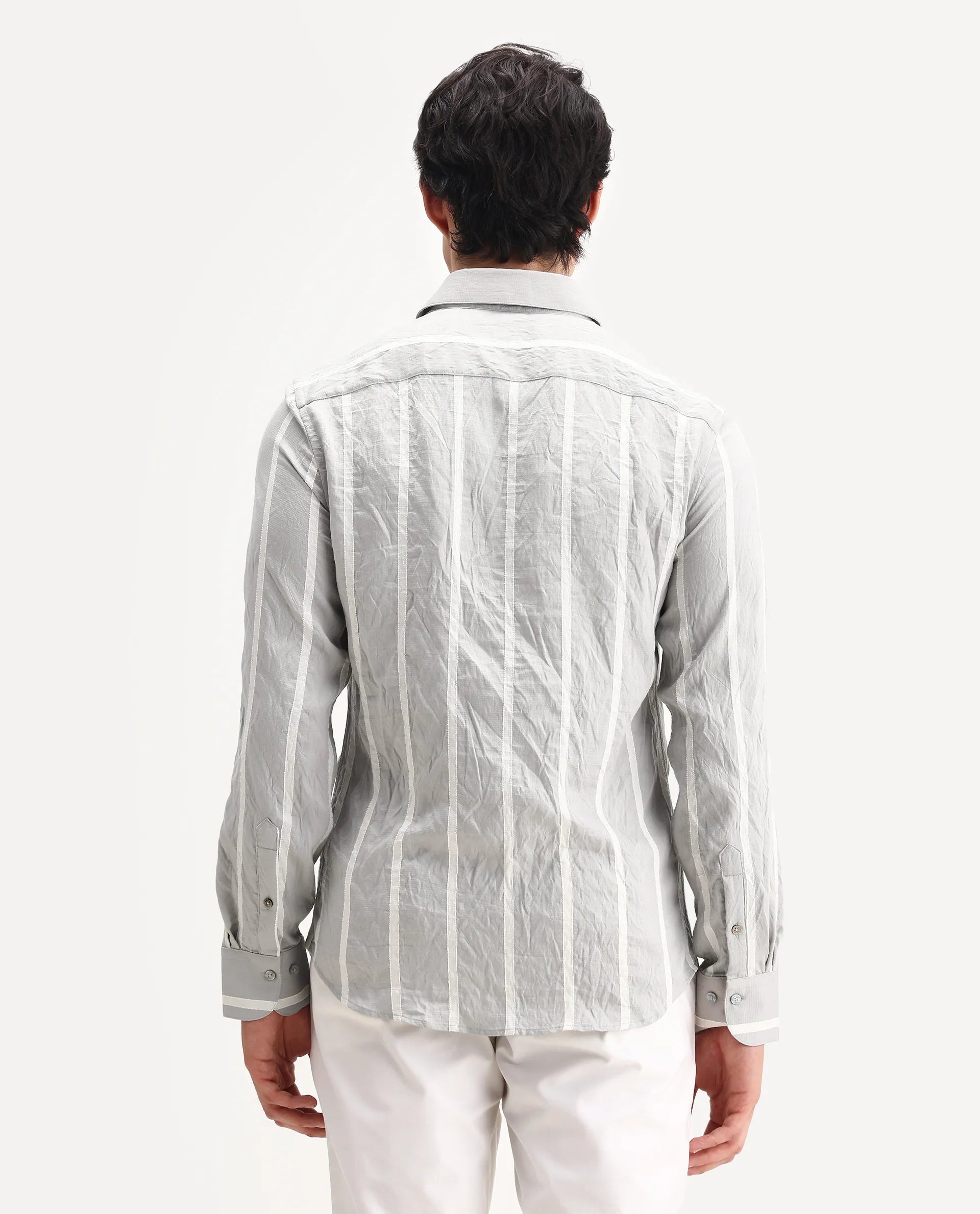 Rare Rabbit Men's Aero Grey Viscose Fabric Spread Collar Regular Fit Striped Shirt