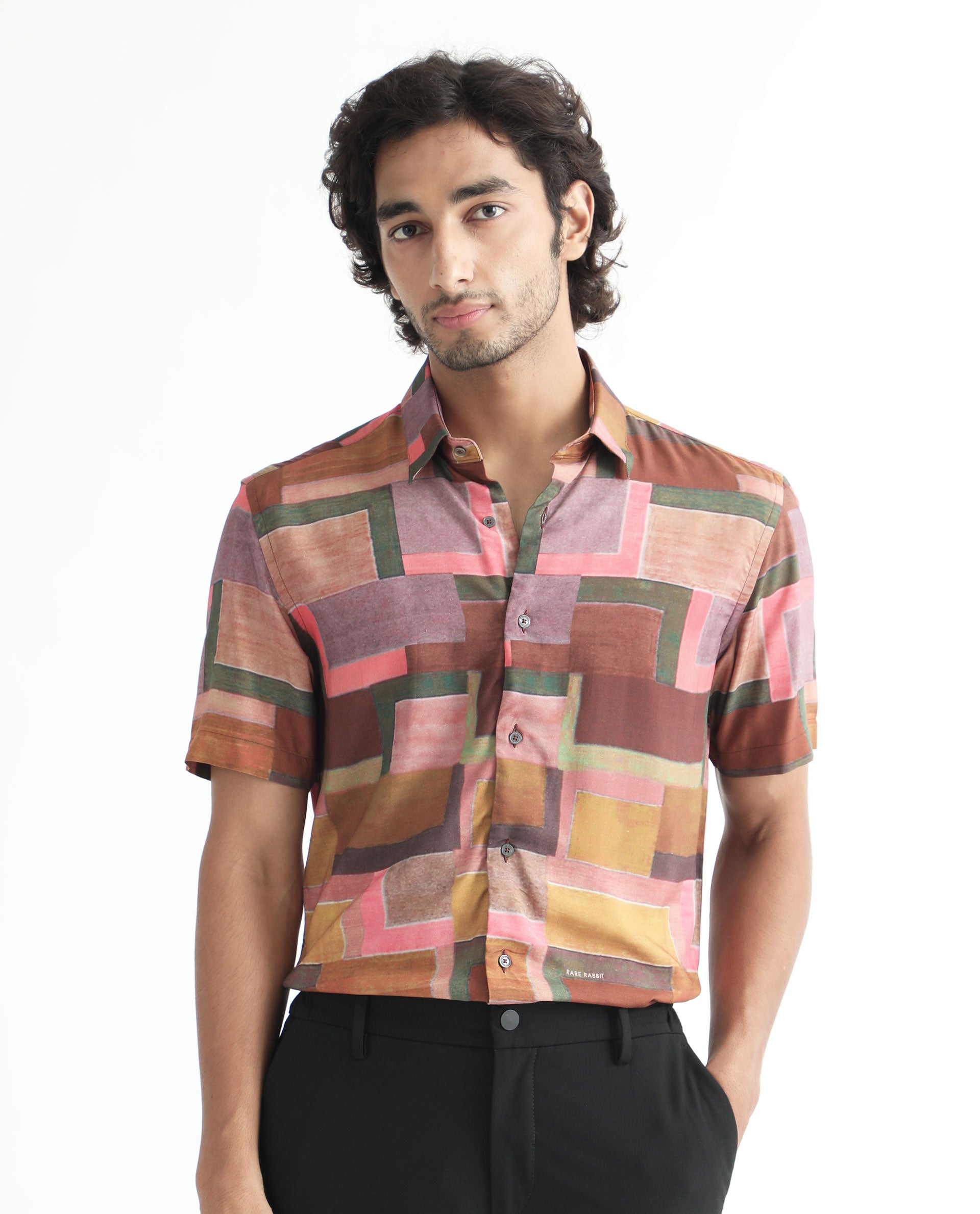 Rare Rabbit Men's Aether Mustard Viscose Fabric Abstract Print Half Sleeves Shirt