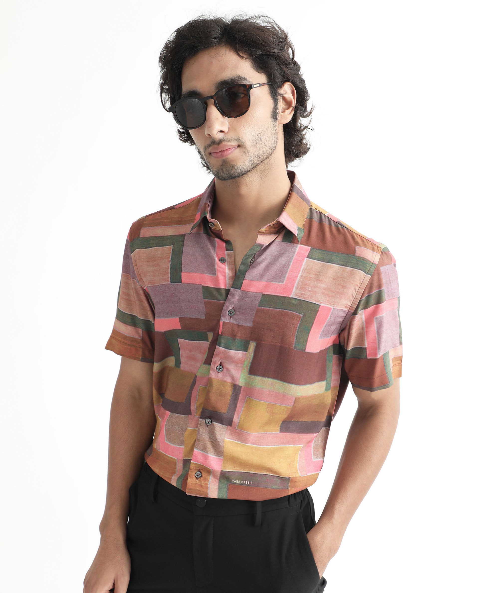 Rare Rabbit Men's Aether Mustard Viscose Fabric Abstract Print Half Sleeves Shirt