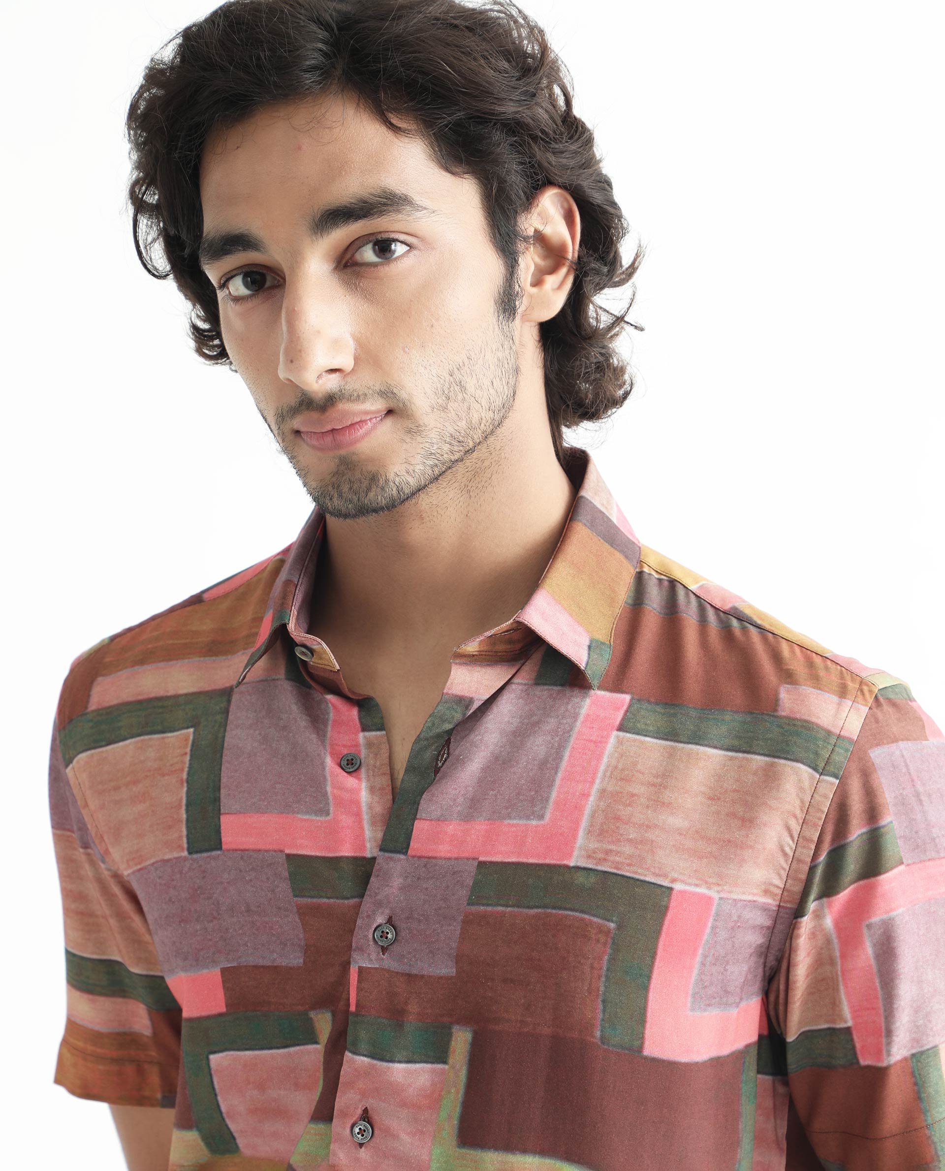 Rare Rabbit Men's Aether Mustard Viscose Fabric Abstract Print Half Sleeves Shirt