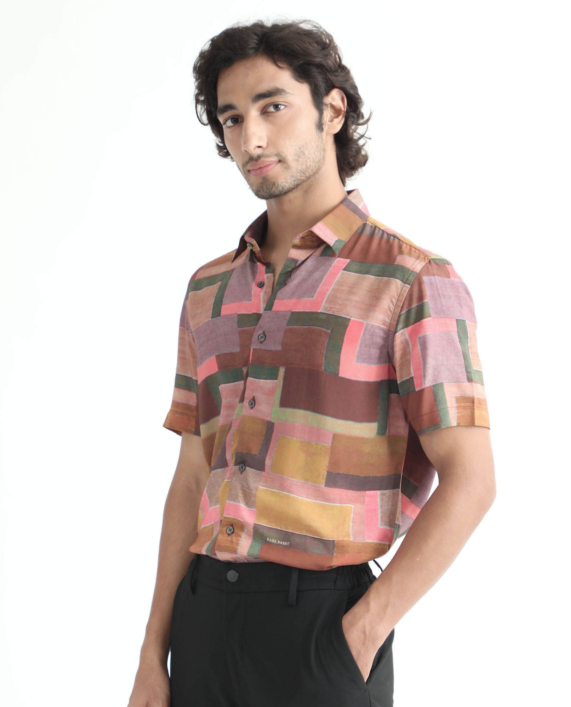 Rare Rabbit Men's Aether Mustard Viscose Fabric Abstract Print Half Sleeves Shirt