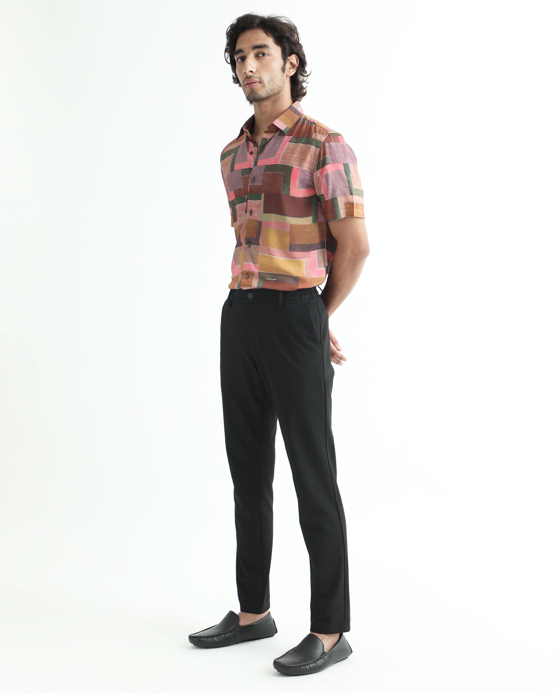 Rare Rabbit Men's Aether Mustard Viscose Fabric Abstract Print Half Sleeves Shirt