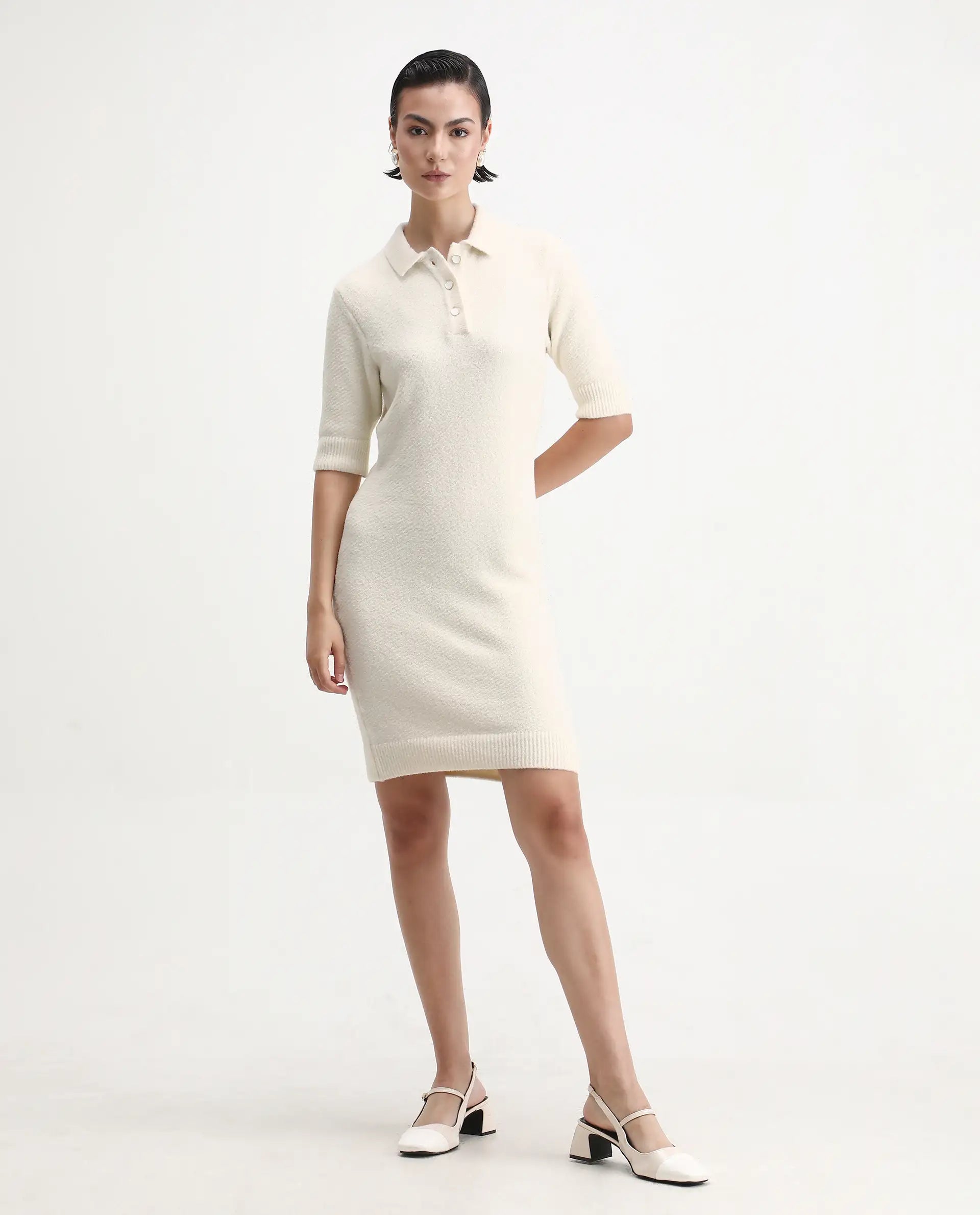 Rareism Women's Afchen Off White Nylon Spread Collar Regular Fit Plain Dress