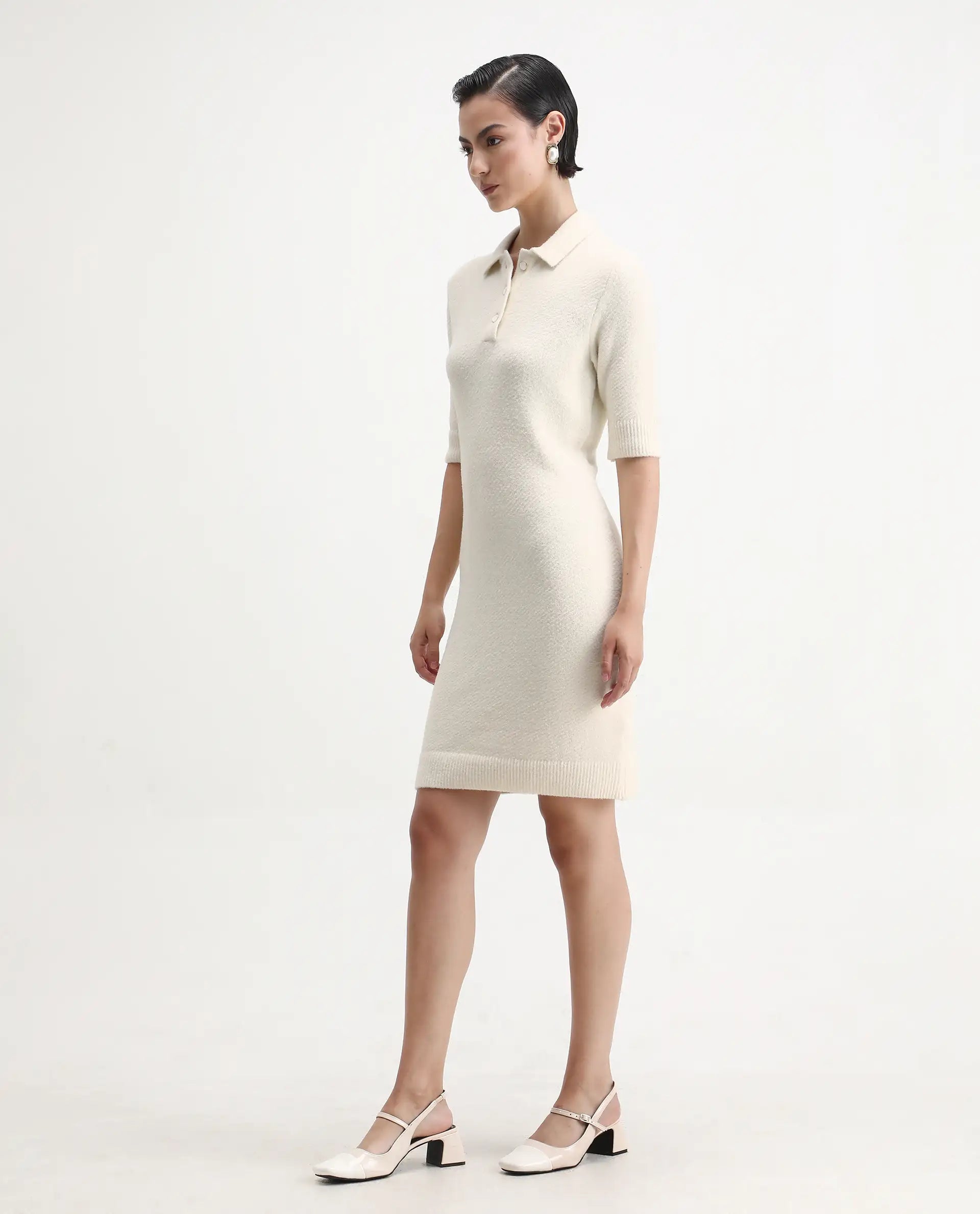 Rareism Women's Afchen Off White Nylon Spread Collar Regular Fit Plain Dress