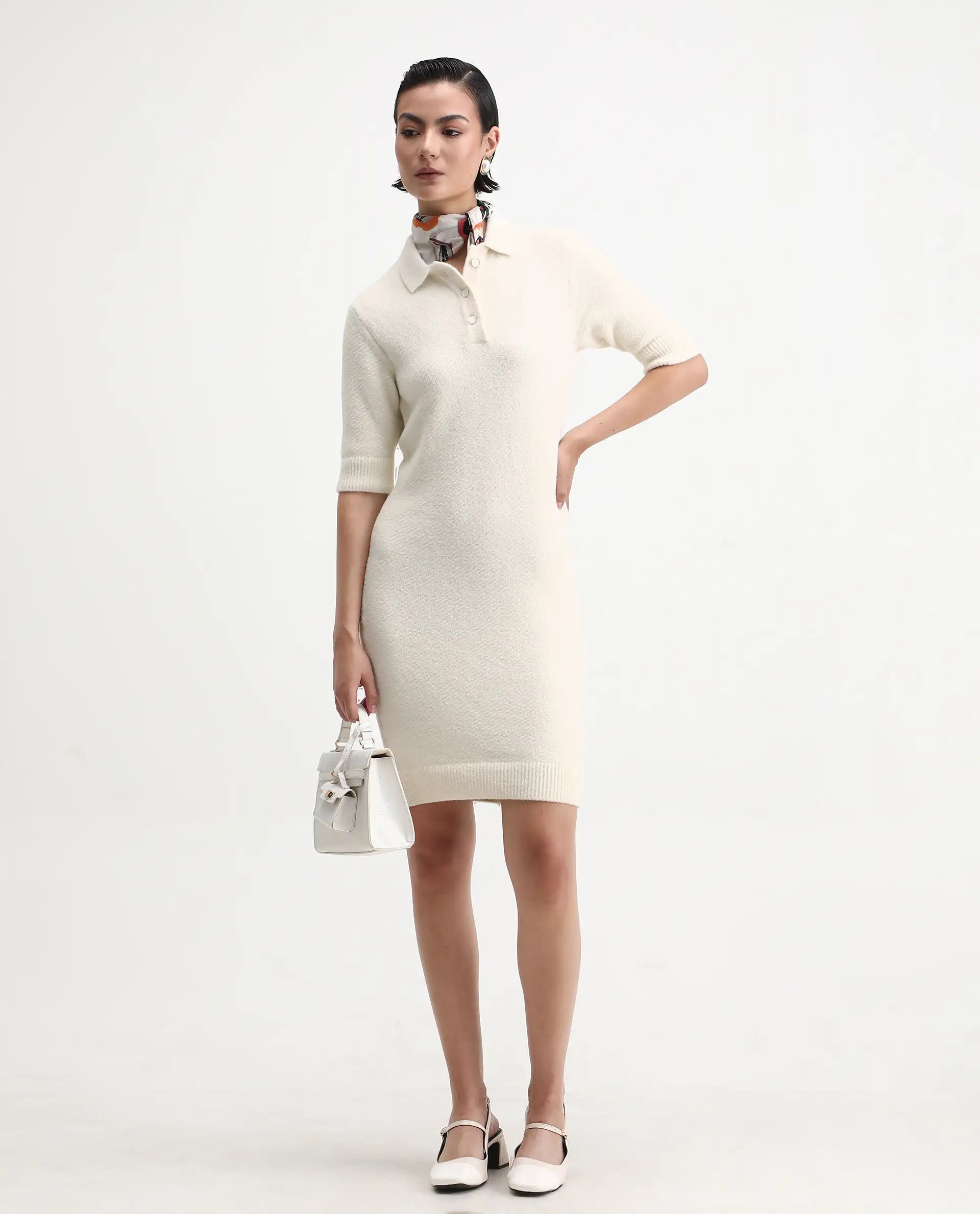 Rareism Women's Afchen Off White Nylon Spread Collar Regular Fit Plain Dress