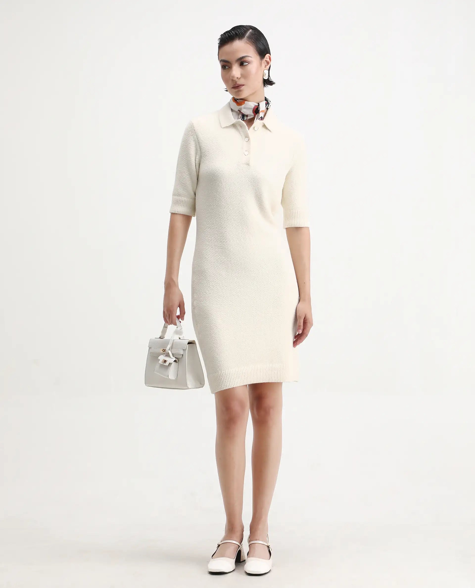 Rareism Women's Afchen Off White Nylon Spread Collar Regular Fit Plain Dress