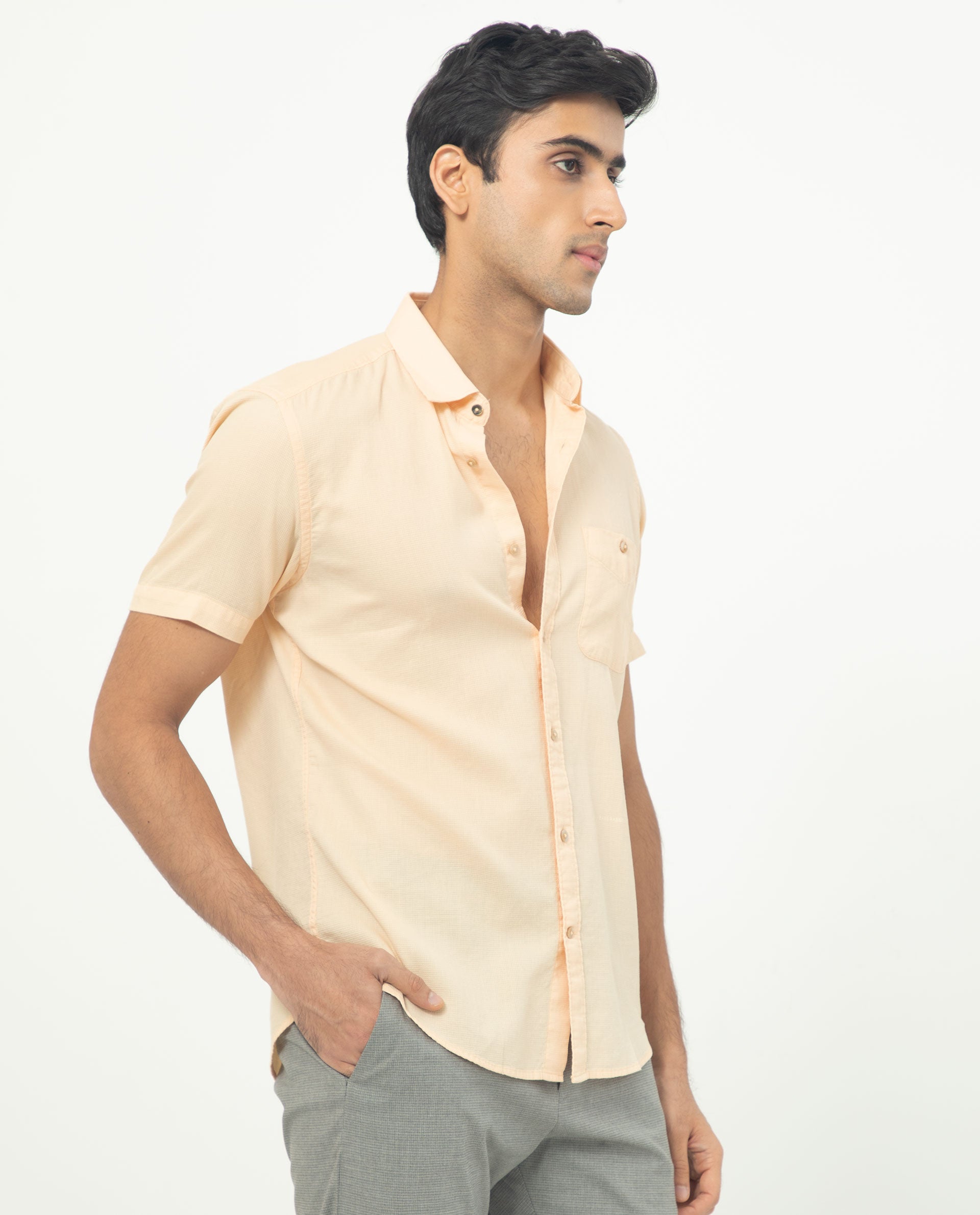 Rare Rabbit Men's Affle Peach Dobby Fabric Half Sleeves Solid Shirt