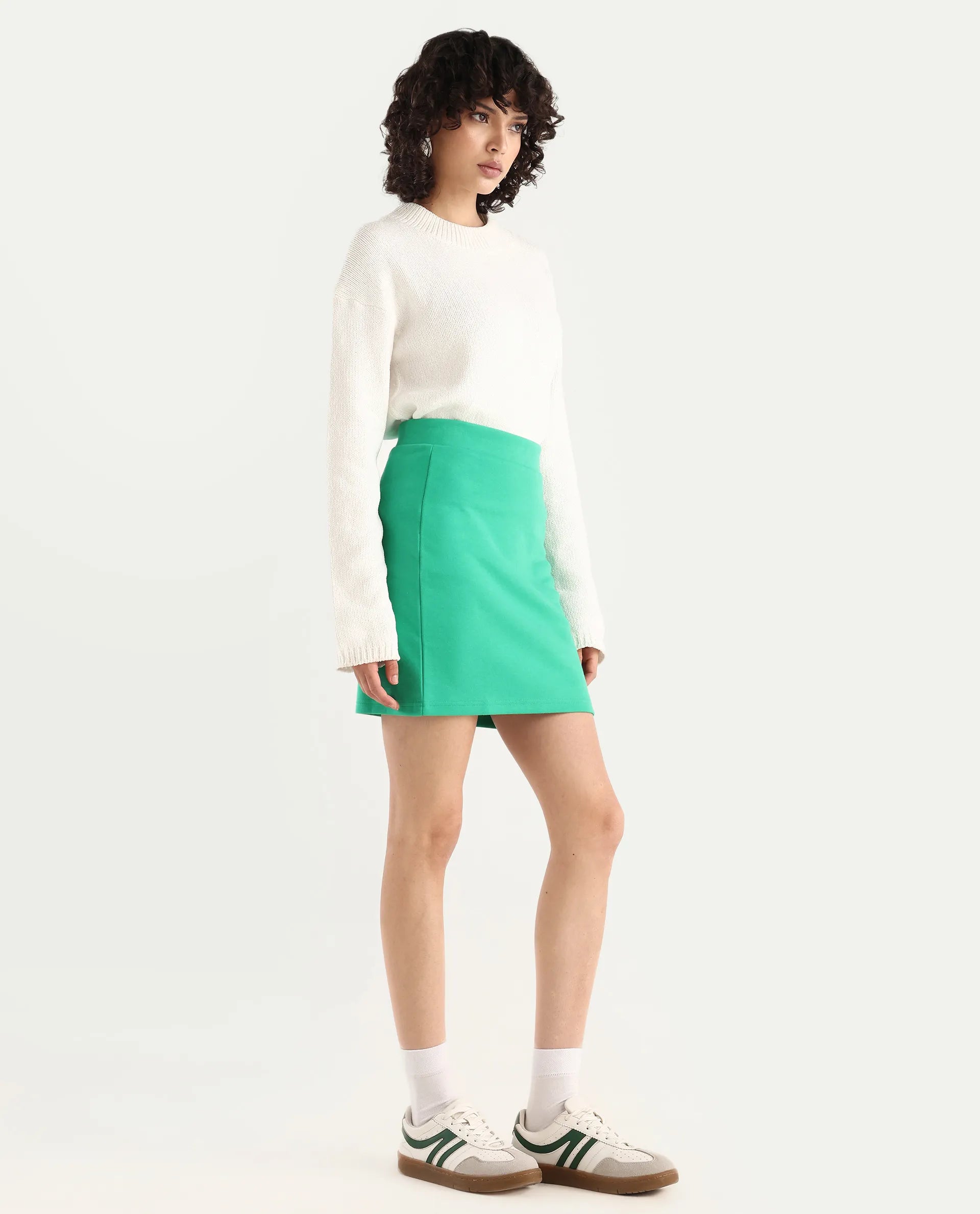 Rareism Women's Afkor B Green Cotton Blend Plain Mini Regular Fit Skirt