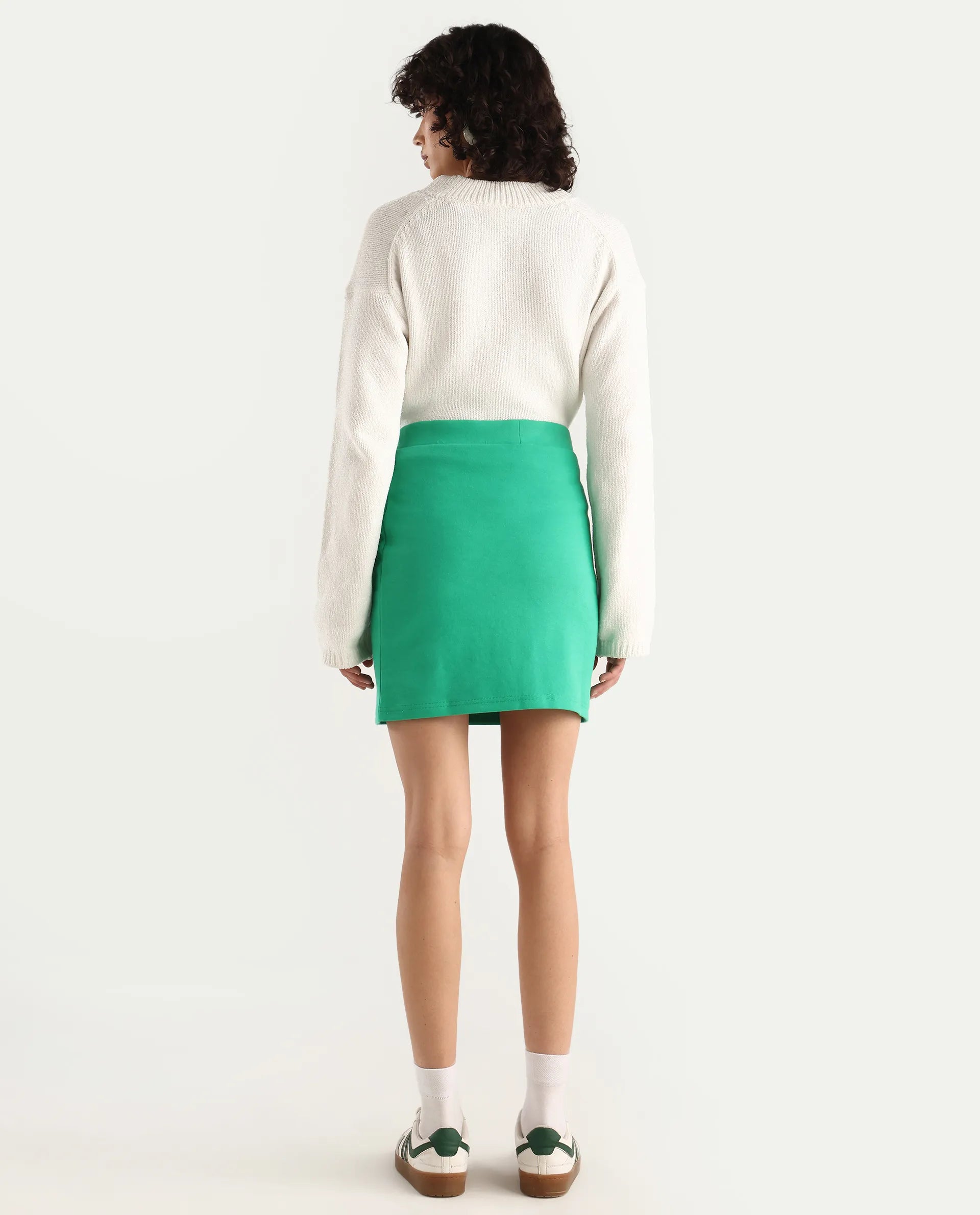 Rareism Women's Afkor B Green Cotton Blend Plain Mini Regular Fit Skirt