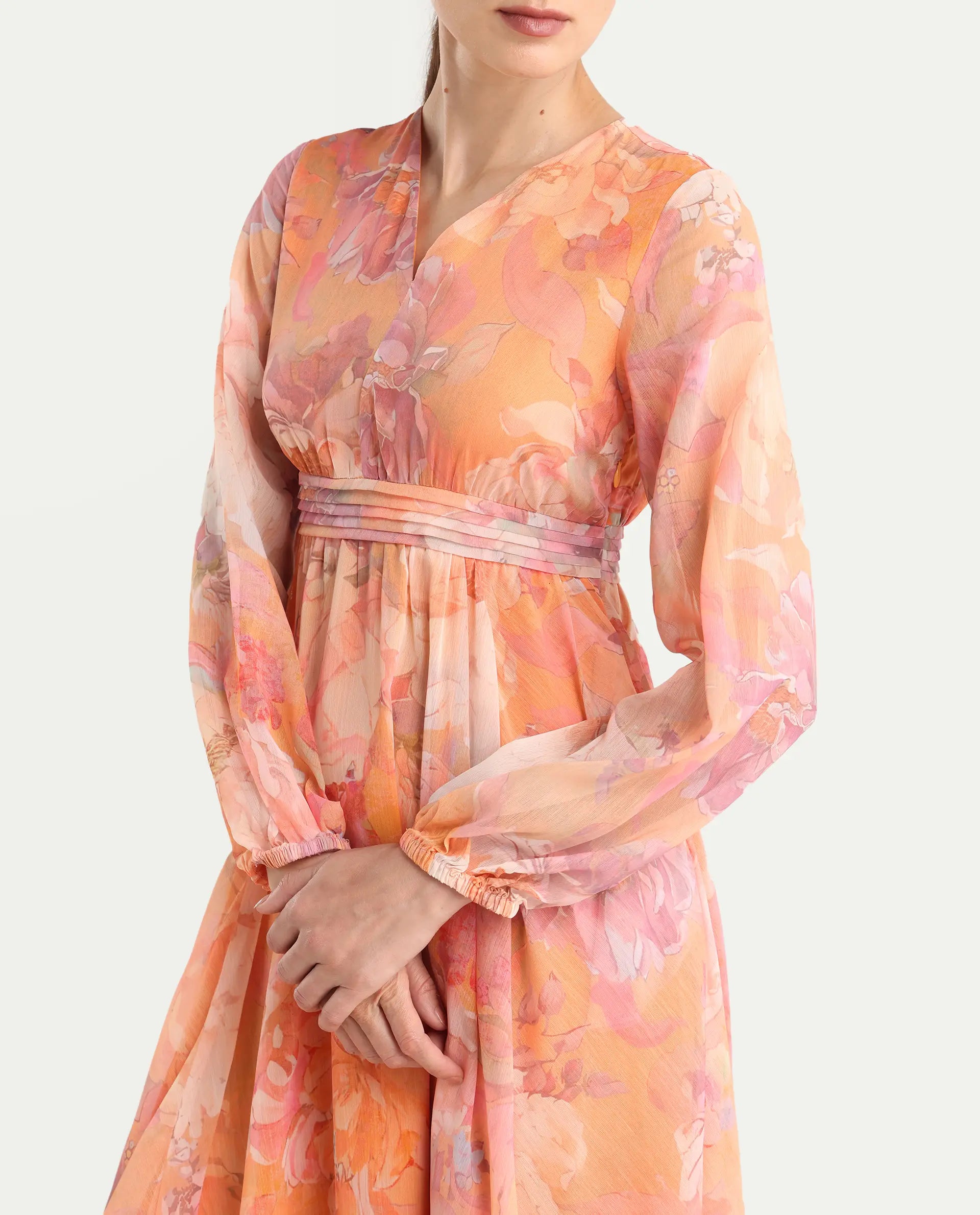 Rareism Women's Afriko Light Multi Polyester V-Neck Fit And Flare Floral Print Dress