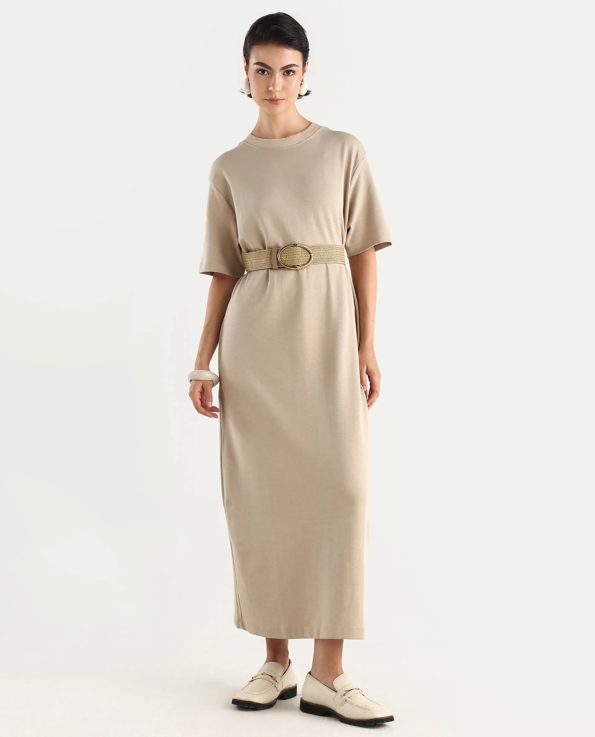 Rareism Women's Afrinca - Beige Cotton Blend Crew Neck Plain Maxi Relaxed Fit Dress