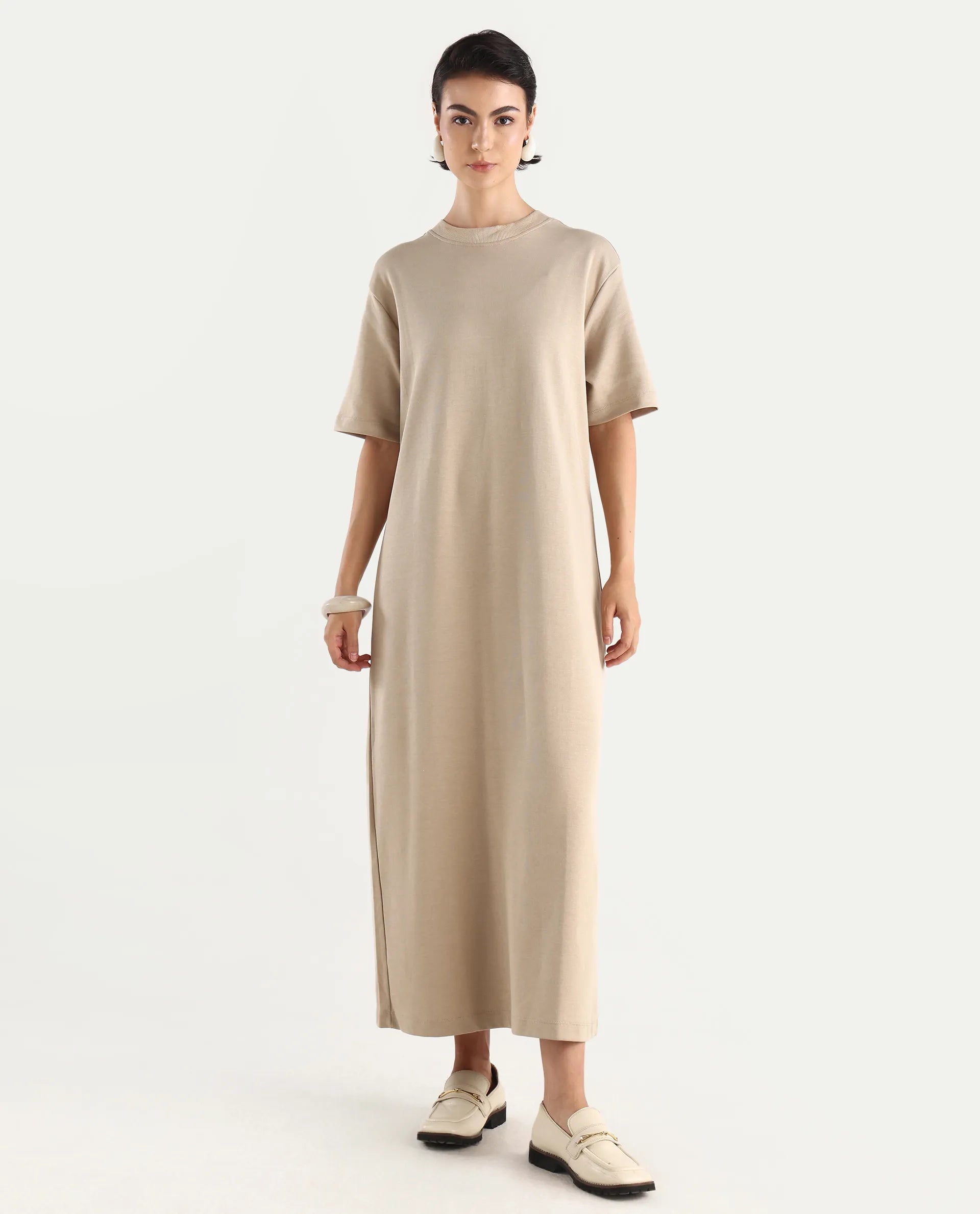 Rareism Women's Afrinca - Beige Cotton Blend Crew Neck Plain Maxi Relaxed Fit Dress
