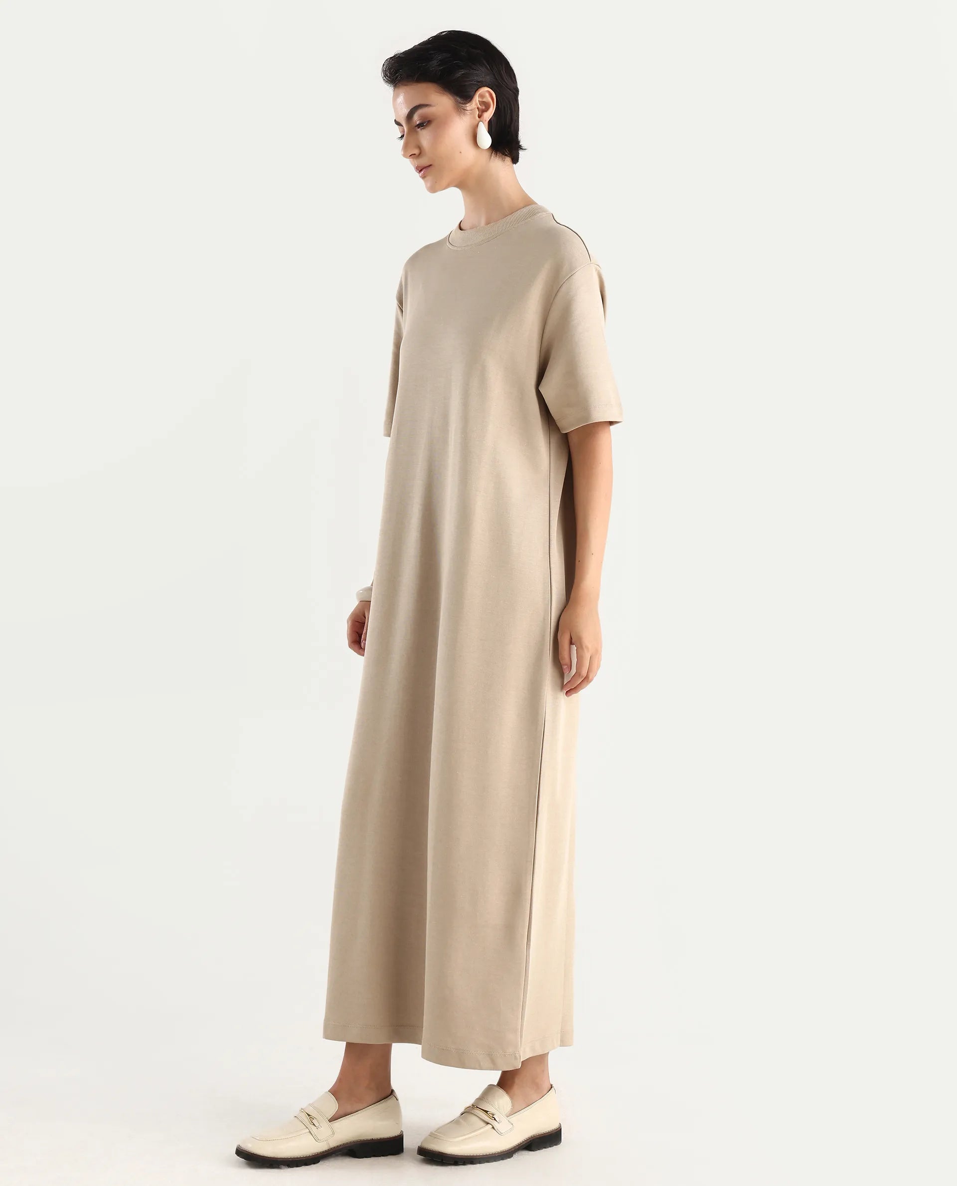 Rareism Women's Afrinca - Beige Cotton Blend Crew Neck Plain Maxi Relaxed Fit Dress