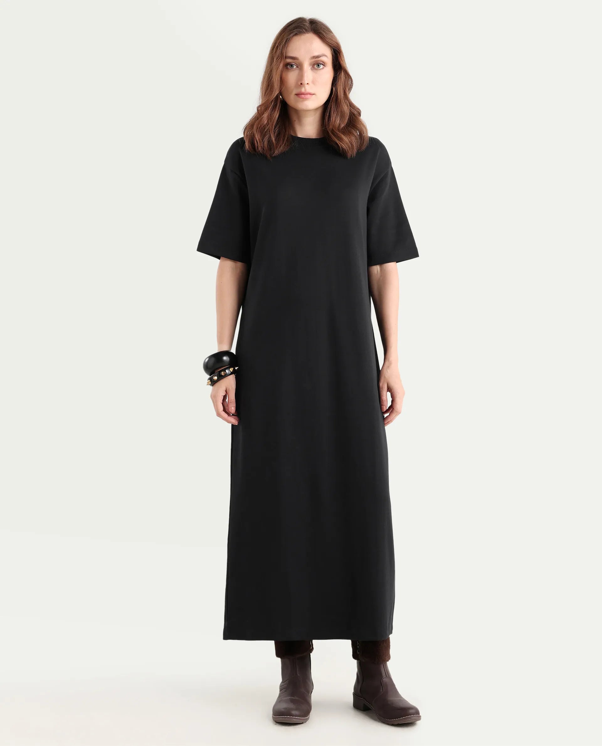 Rareism Women's Afrinca Black Cotton Blend Crew Neck Plain Maxi Relaxed Fit Dress