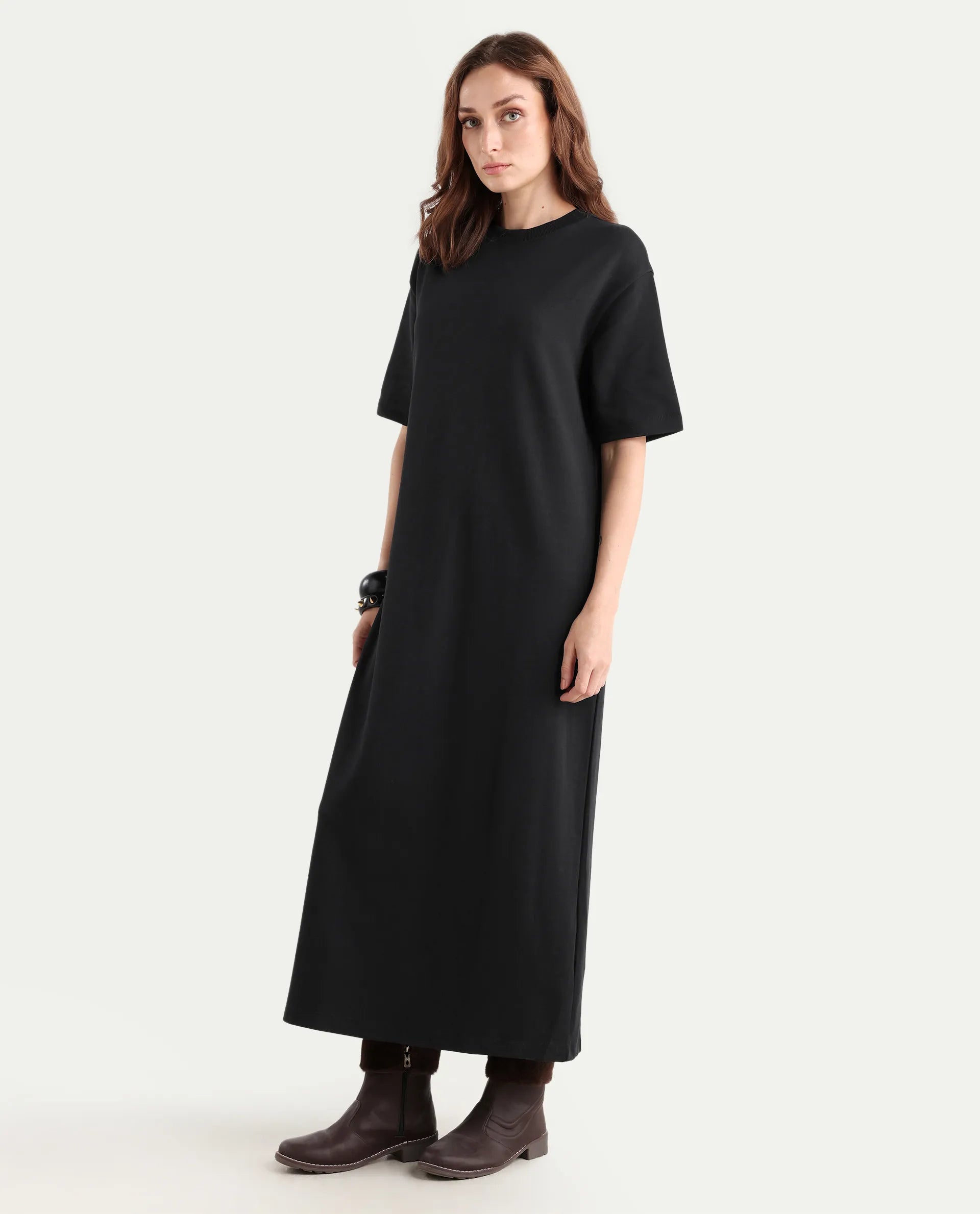 Rareism Women's Afrinca Black Cotton Blend Crew Neck Plain Maxi Relaxed Fit Dress