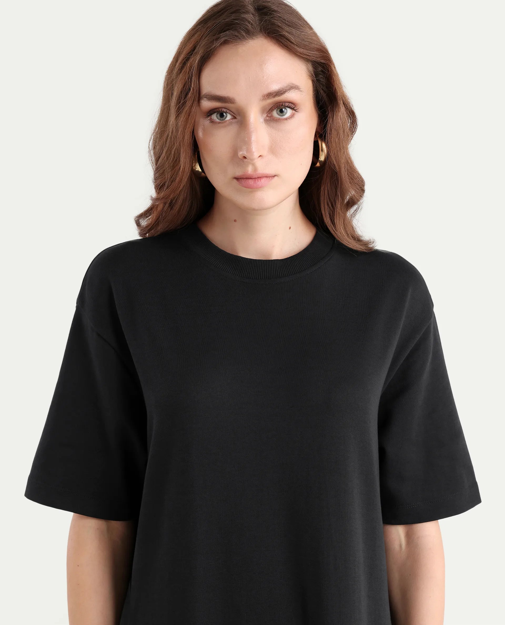 Rareism Women's Afrinca Black Cotton Blend Crew Neck Plain Maxi Relaxed Fit Dress