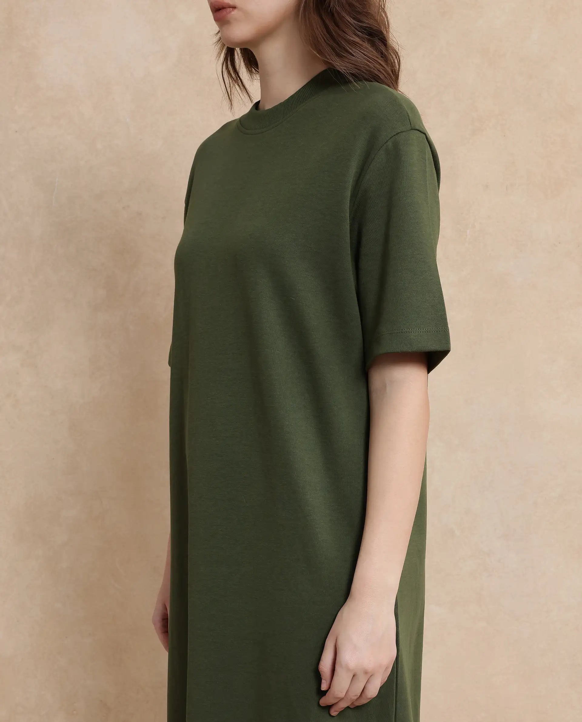 Rareism Women's Afrinca Olive Cotton Blend Fabric Crew Neck Half Sleeve Plain Relaxed Fit Maxi Dress