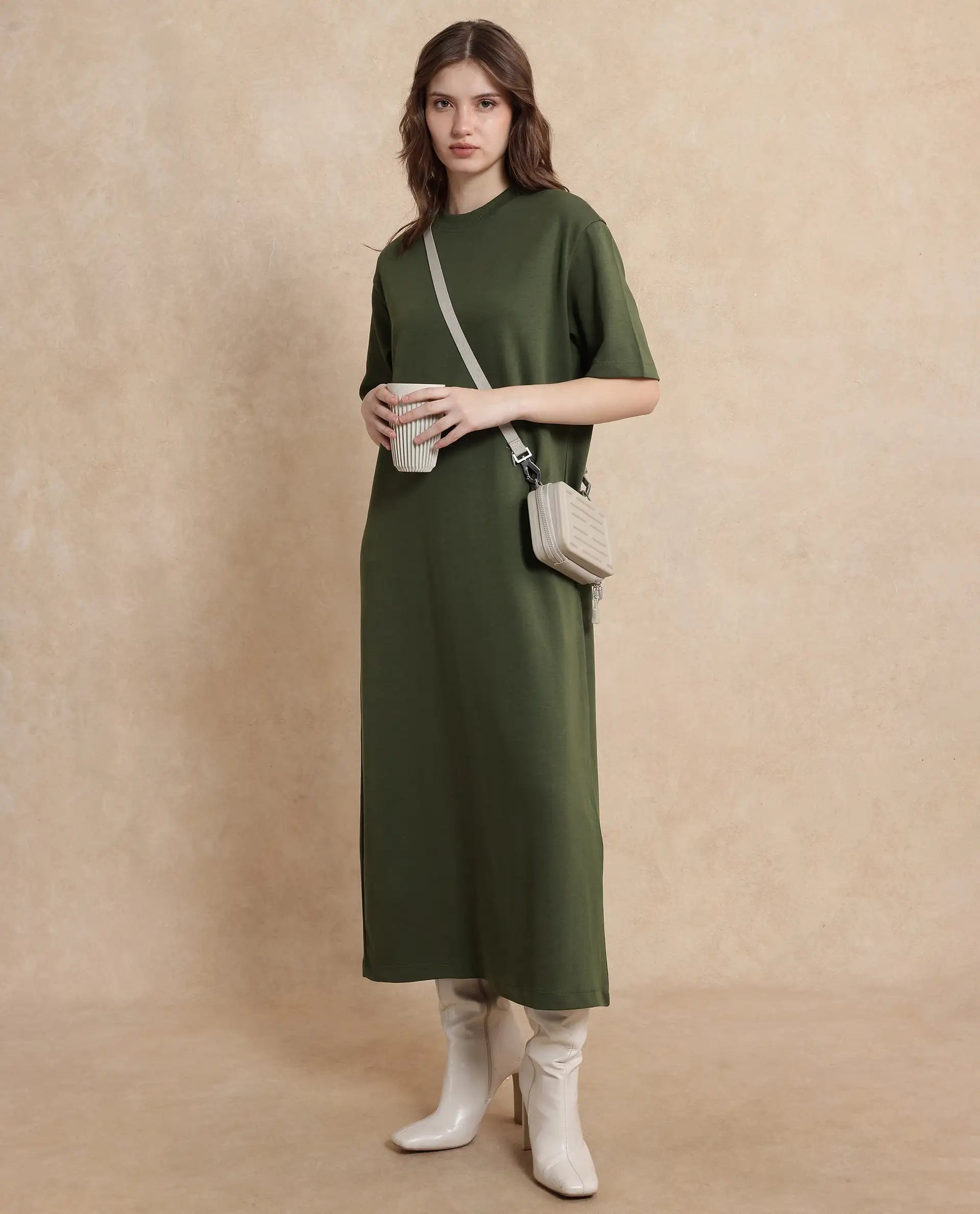 Rareism Women's Afrinca Olive Cotton Blend Fabric Crew Neck Half Sleeve Plain Relaxed Fit Maxi Dress