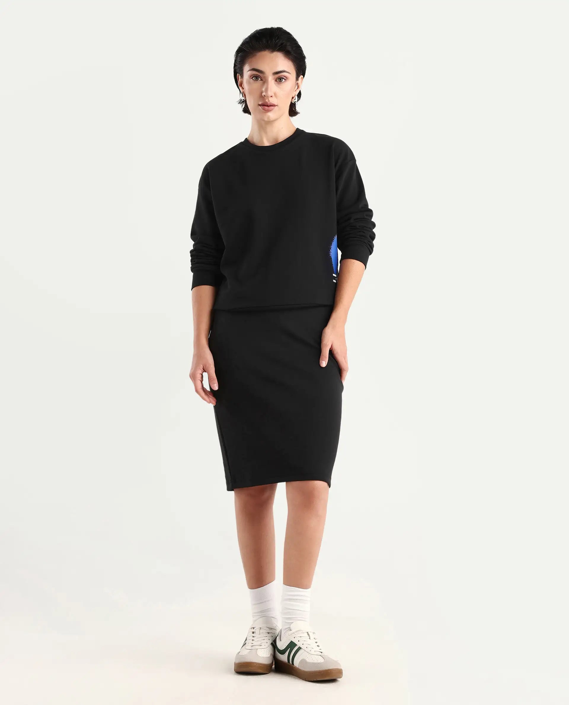 Rareism Women's Afsko B Black Cotton Blend Plain Midi Straight Fit Skirt