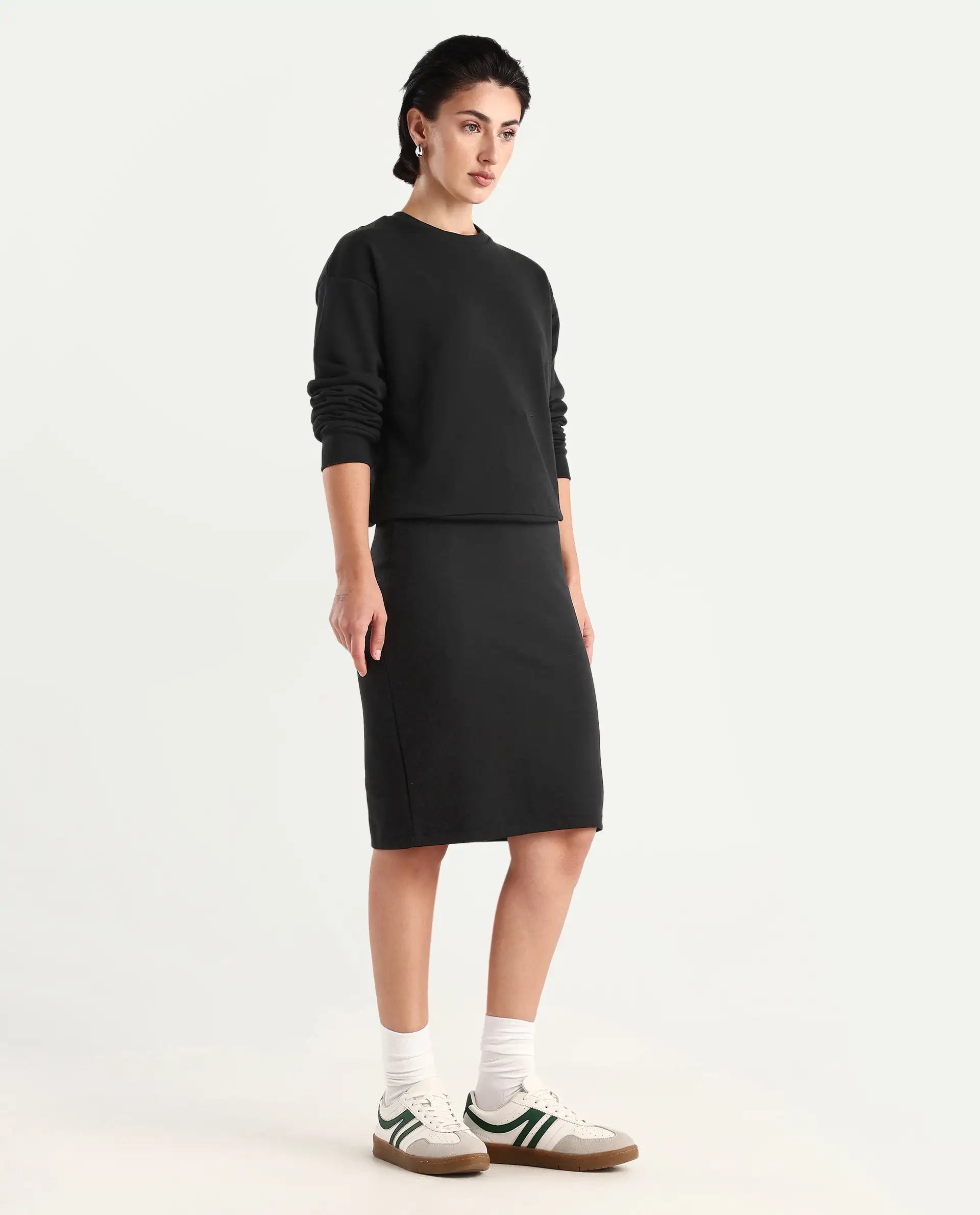 Rareism Women's Afsko B Black Cotton Blend Plain Midi Straight Fit Skirt