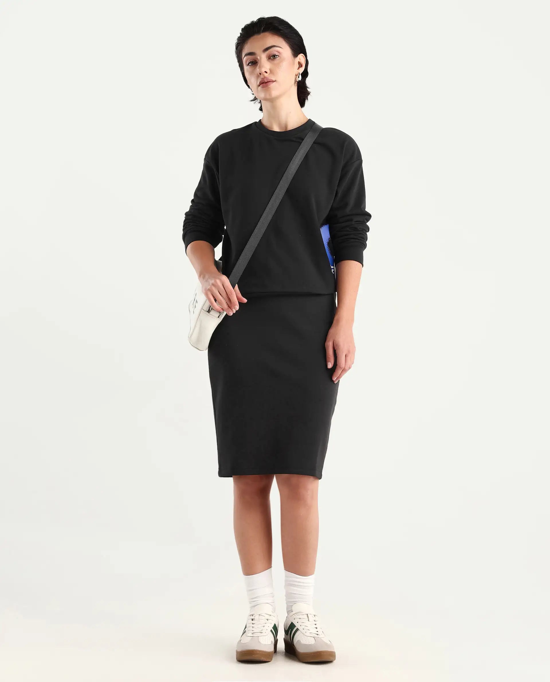 Rareism Women's Afsko B Black Cotton Blend Plain Midi Straight Fit Skirt