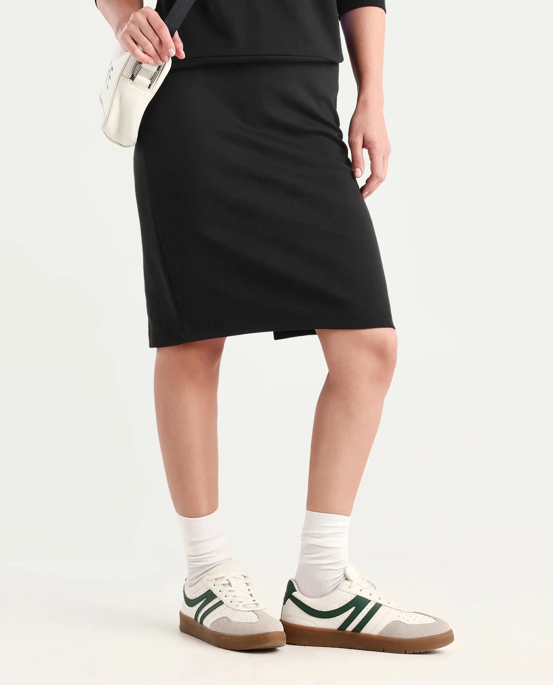 Rareism Women's Afsko B Black Cotton Blend Plain Midi Straight Fit Skirt