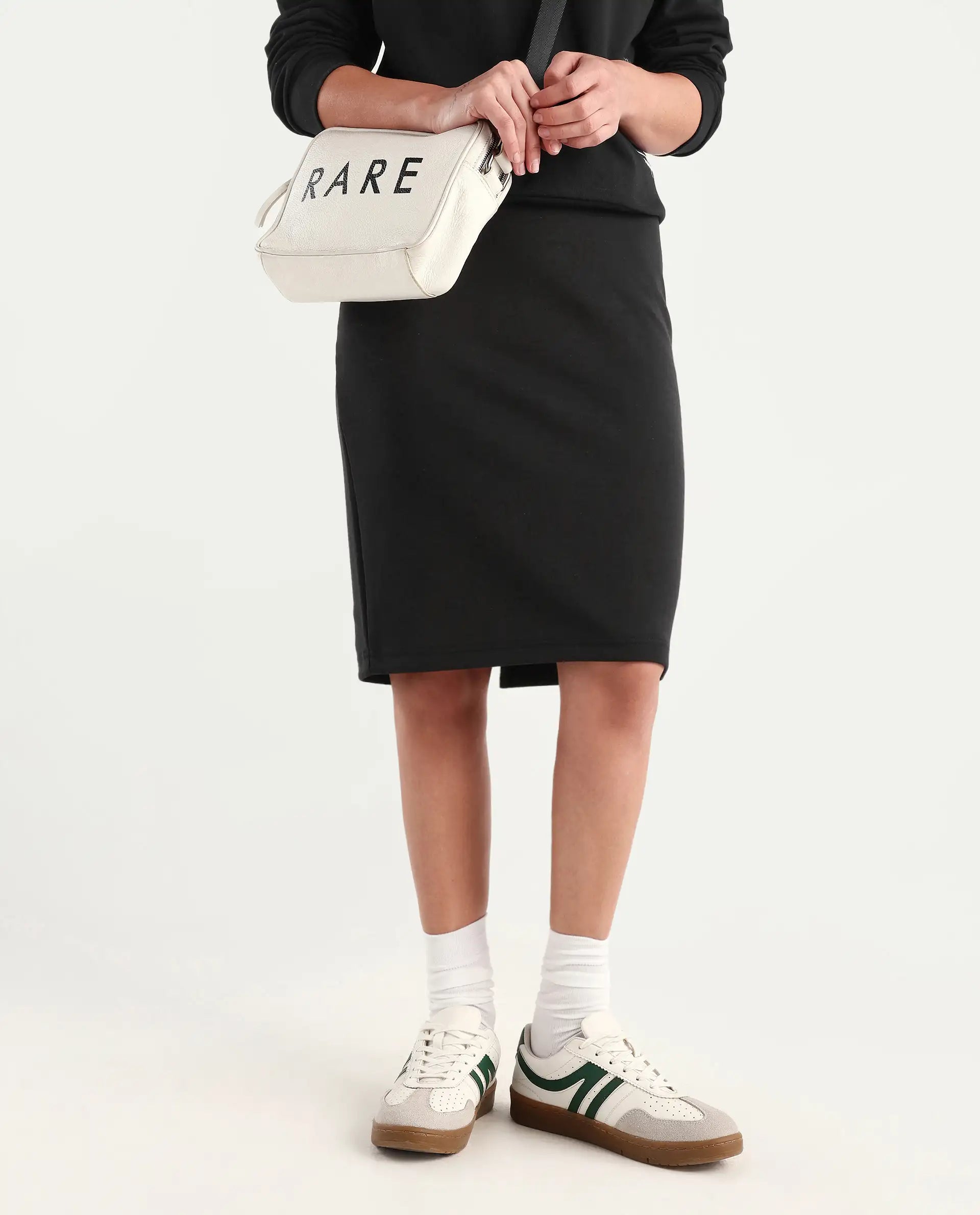 Rareism Women's Afsko B Black Cotton Blend Plain Midi Straight Fit Skirt