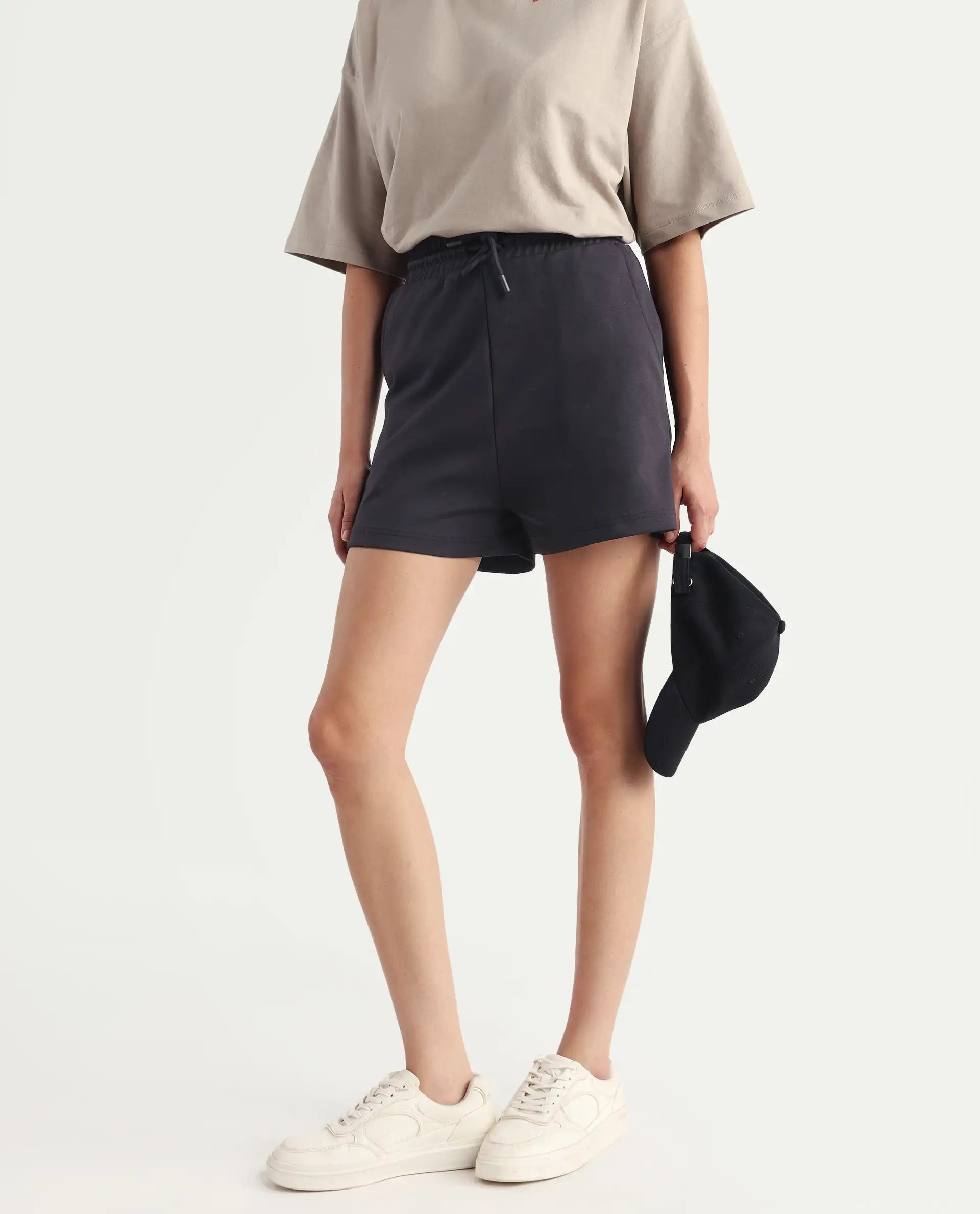 Rareism Women's Aftok B Black Cotton Blend Plain Mini Regular Fit Shorts