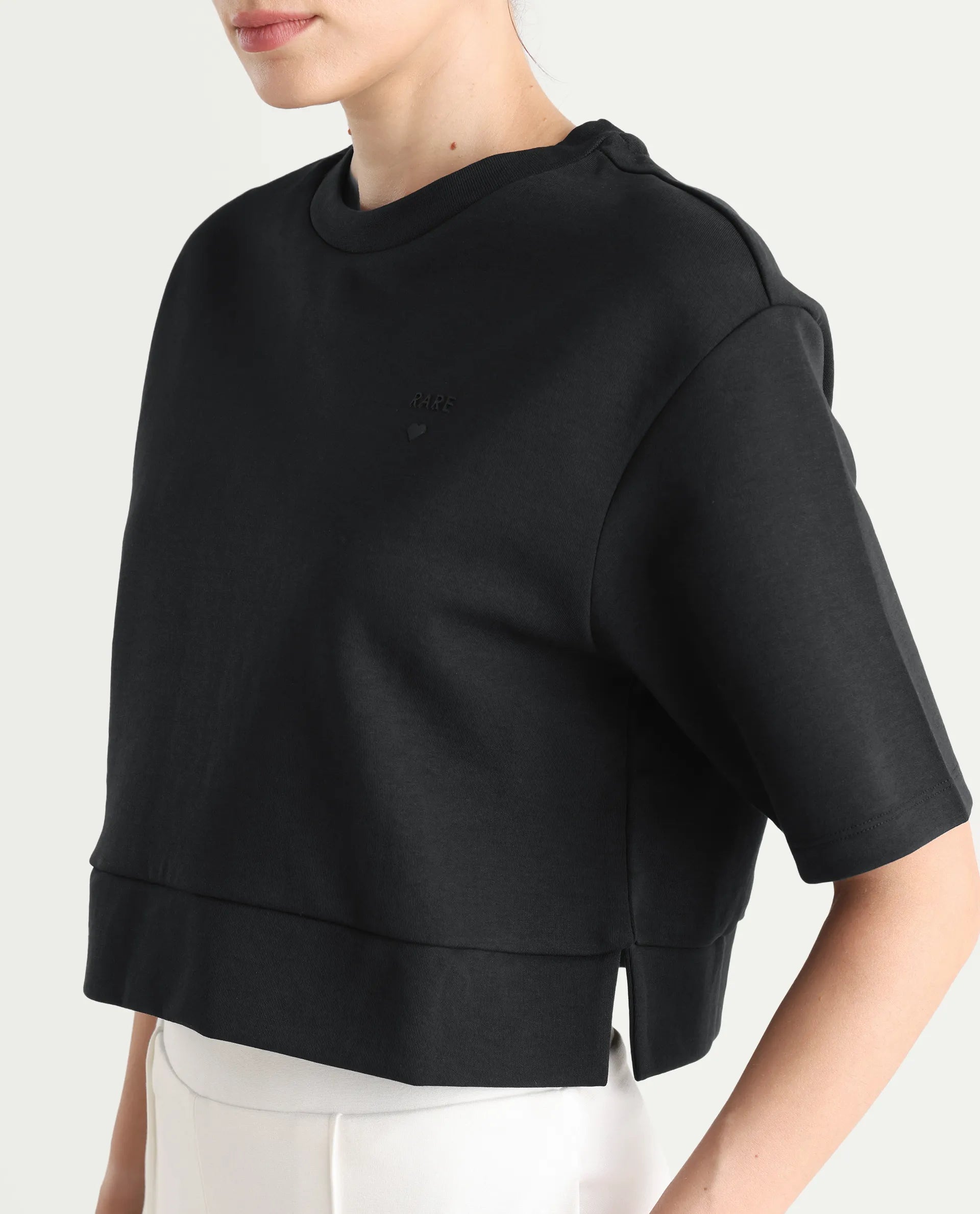 Rareism Women's Aftok T Black Cotton Blend Crew Neck Plain Crop Regular Fit T-Shirt