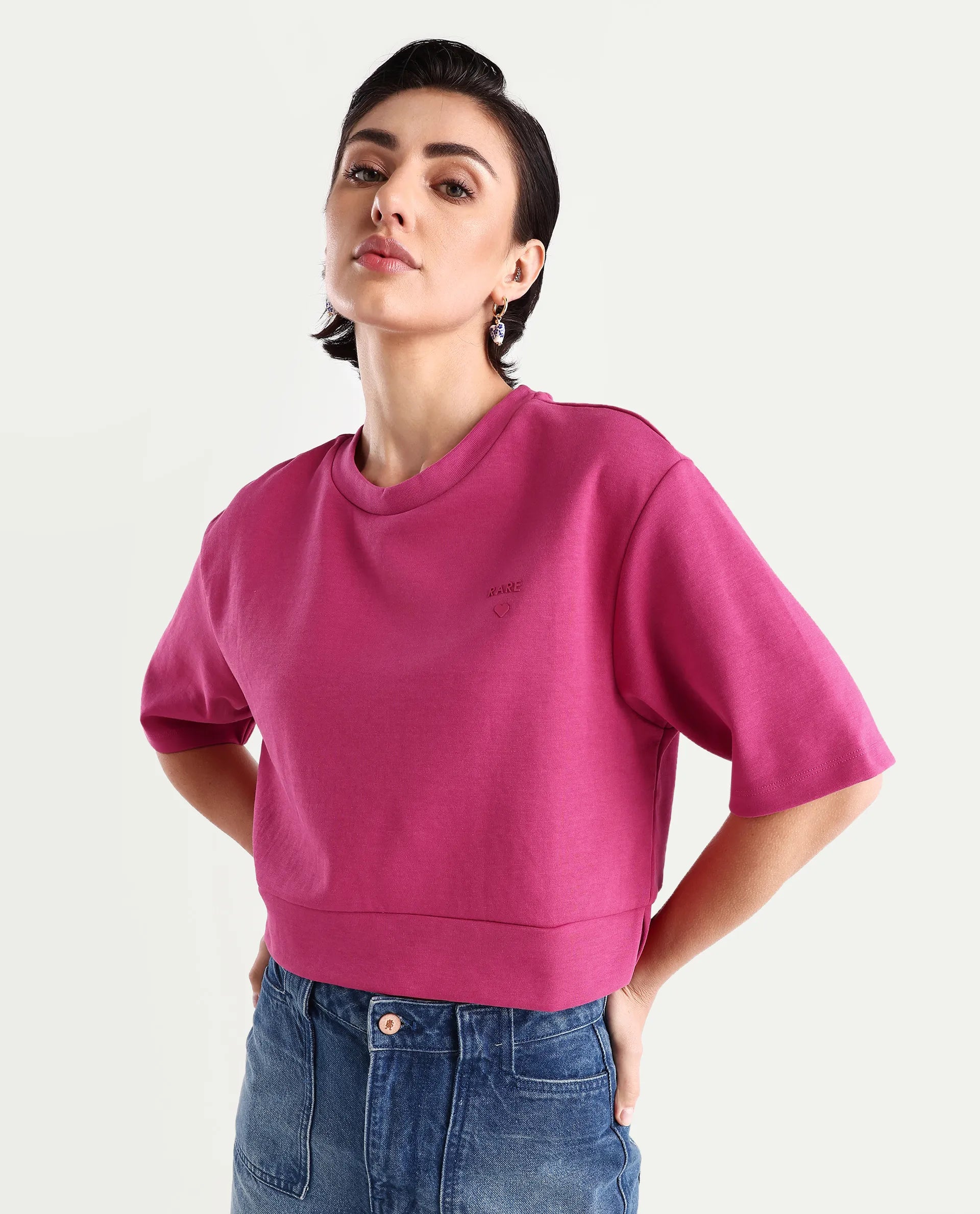 Rareism Women's Aftok T Pink Cotton Blend Crew Neck Plain Crop Regular Fit T-Shirt