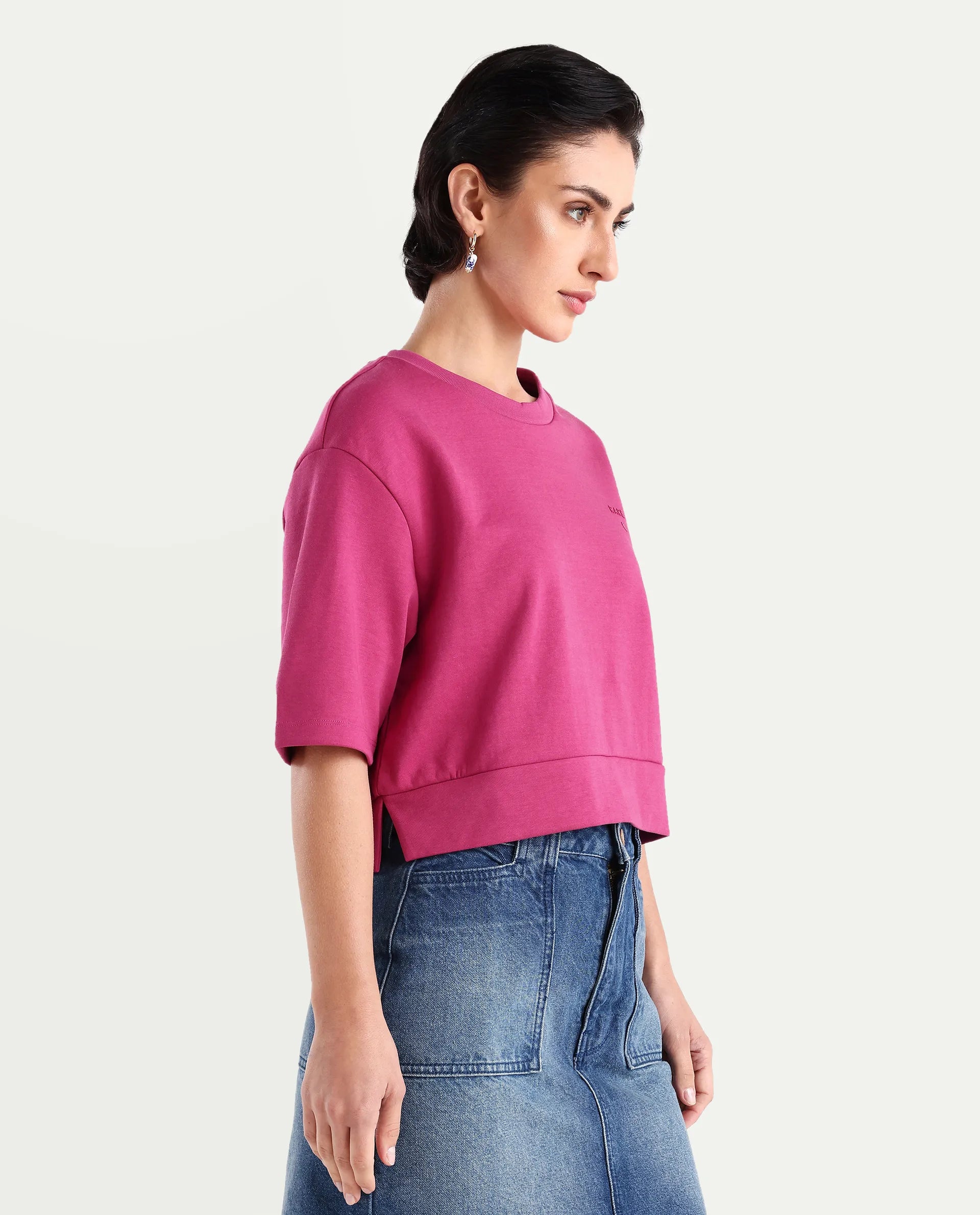 Rareism Women's Aftok T Pink Cotton Blend Crew Neck Plain Crop Regular Fit T-Shirt