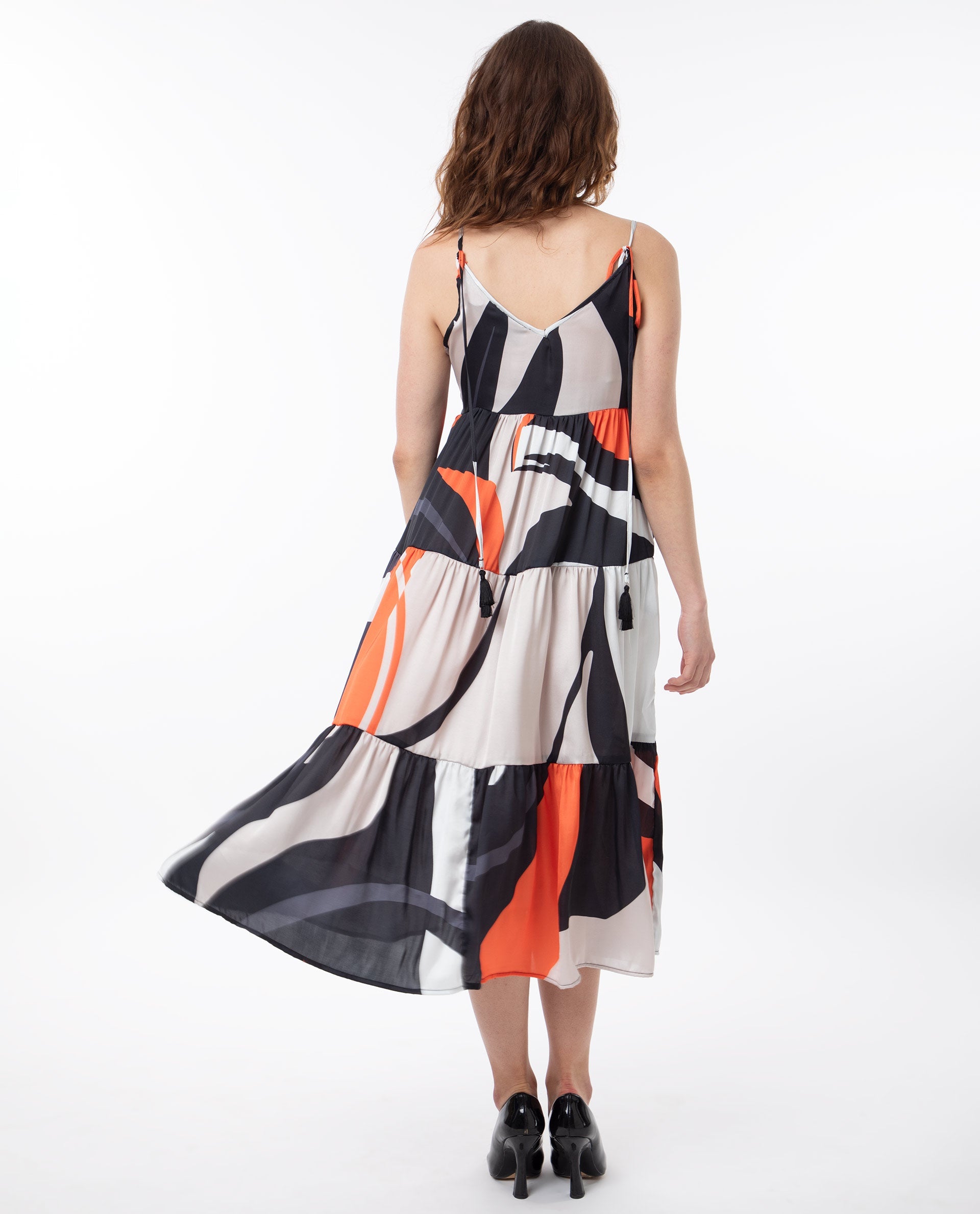 Rareism Women Agans Multi Polyester Fabric Sleeveless Tie-Up Closure V-Neck Shoulder Straps Regular Fit Abstract Print Maxi Tiered Dress